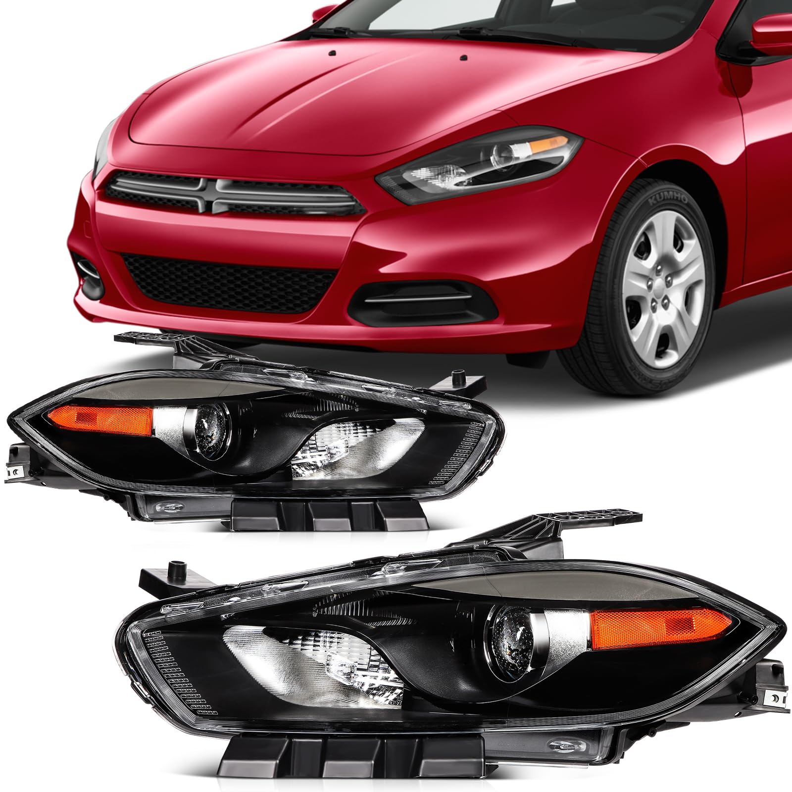 SCITOO Headlight Assembly Fit 2013-2016 for Dodge Dart Black Housing Amber Reflector Pair Headlights CH2502240