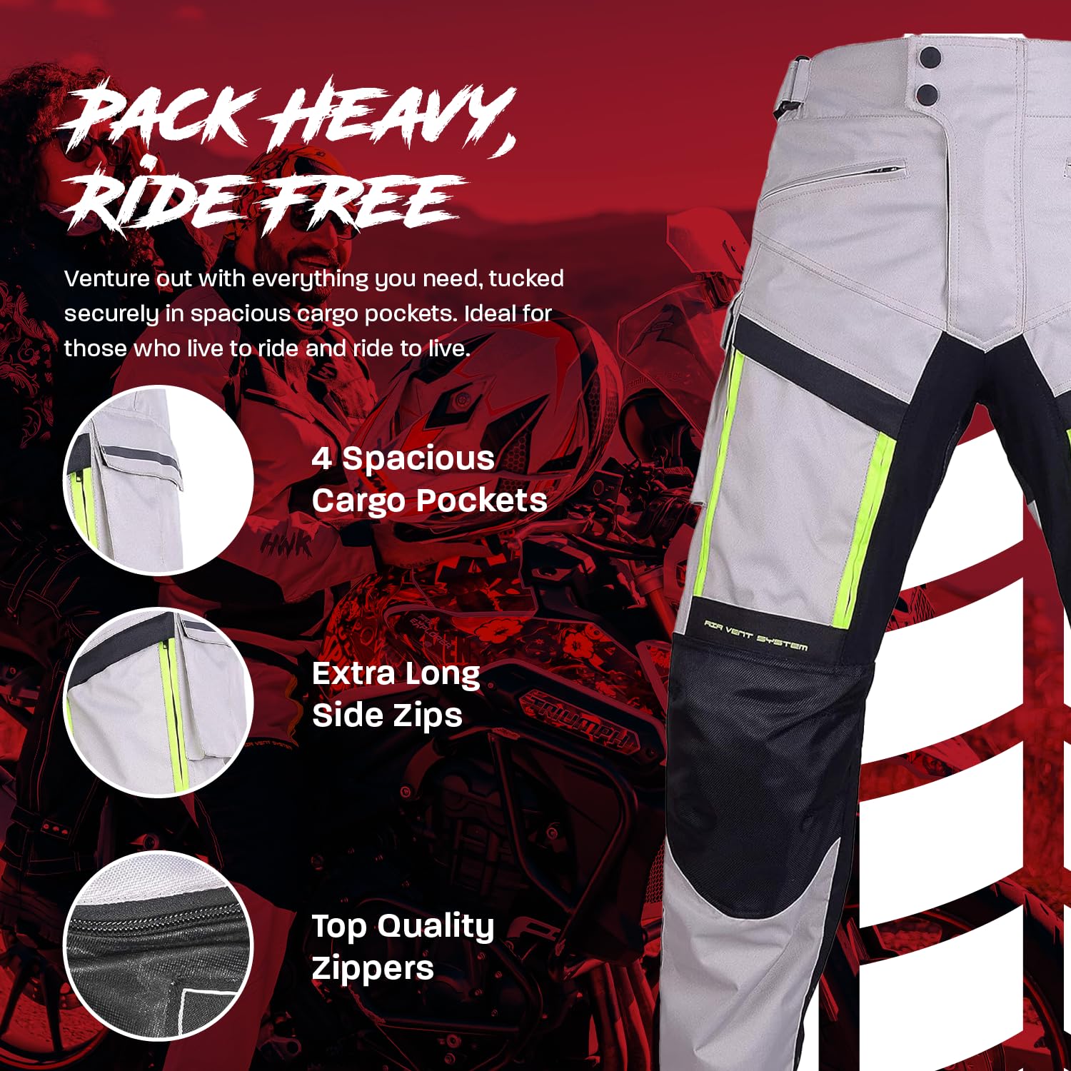 HWK Motorcycle Cargo Pants for Men - Waterproof, Hi-Vis, 4-Season, Waist 30''-32'', Inseam 30'', Silver - Model G-1