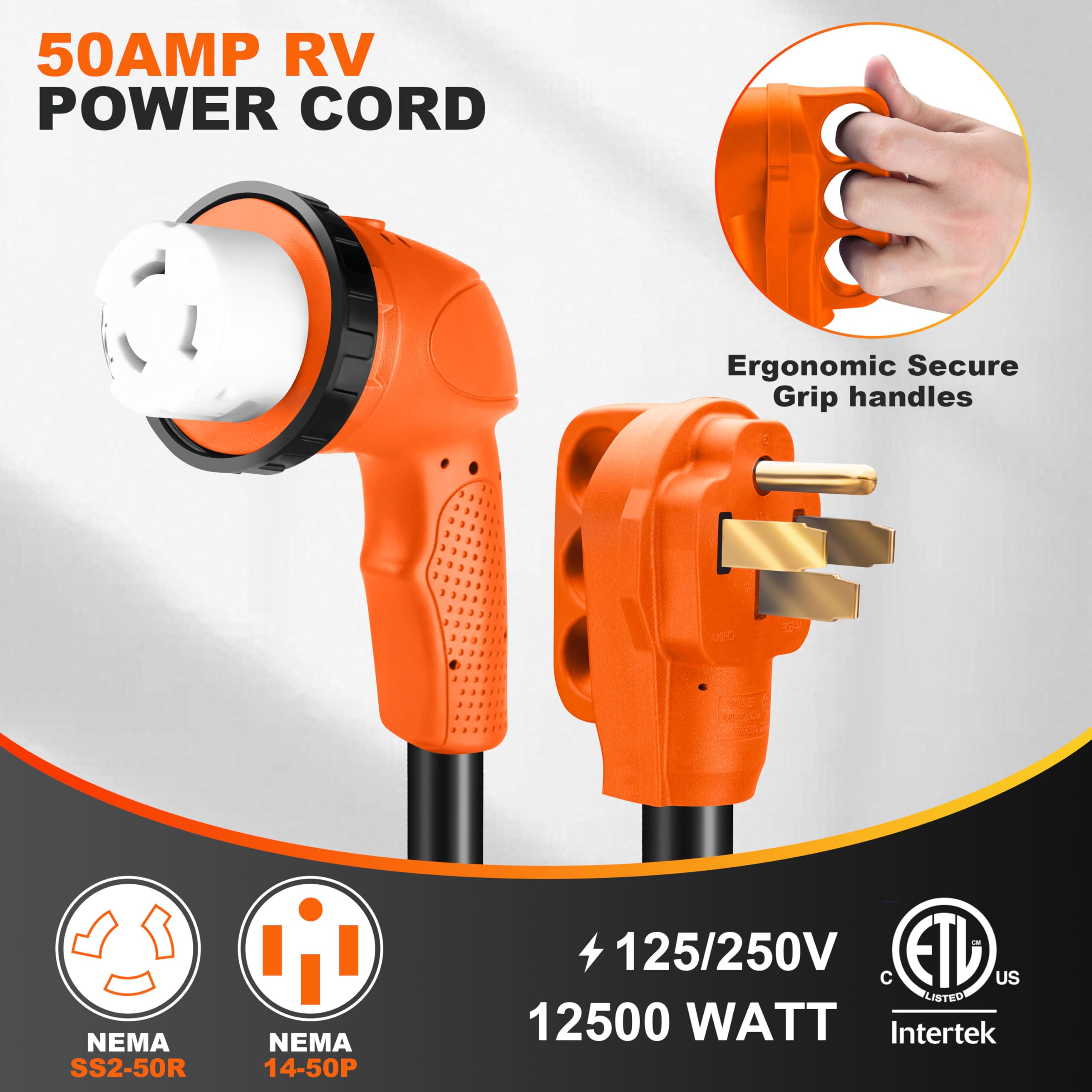 Ficstar 50 Amp RV Extension Cord 15 ft, Heavy Duty 6/3+8/1 SJTW AWG RV Power Cord with Grip Handle Twist Lock, NEMA 14-50P to SS