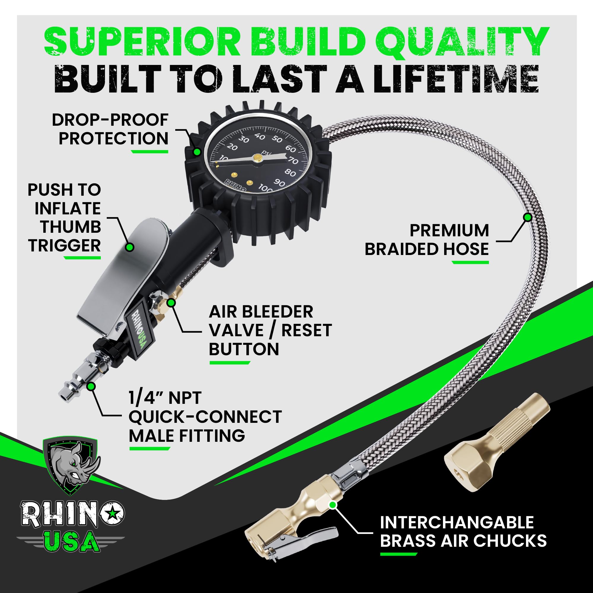 Rhino USA Tire Inflator with Pressure Gauge (0-100 PSI) - ANSI B40.1 Accurate, Large 2'' Easy Read Glow Dial, Premium Braided Ho