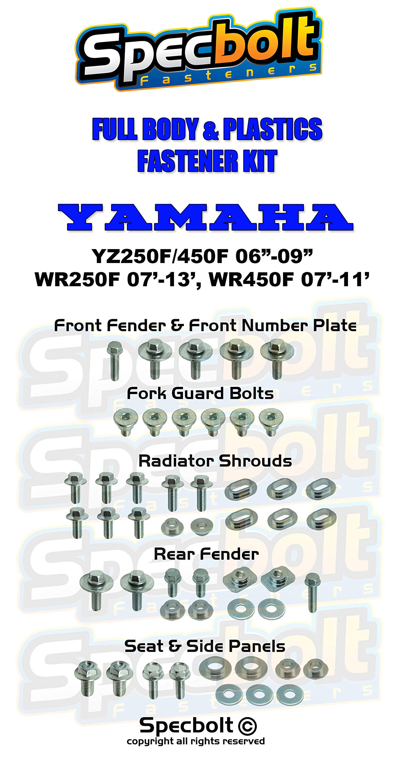 Specbolt Full Plastics Body Fastener Bolt Kit Fits: YAMAHA YZ250F & YZ450F YZF 250 450 YX 250F 450F 2006-2009, WR250F 2007-2013