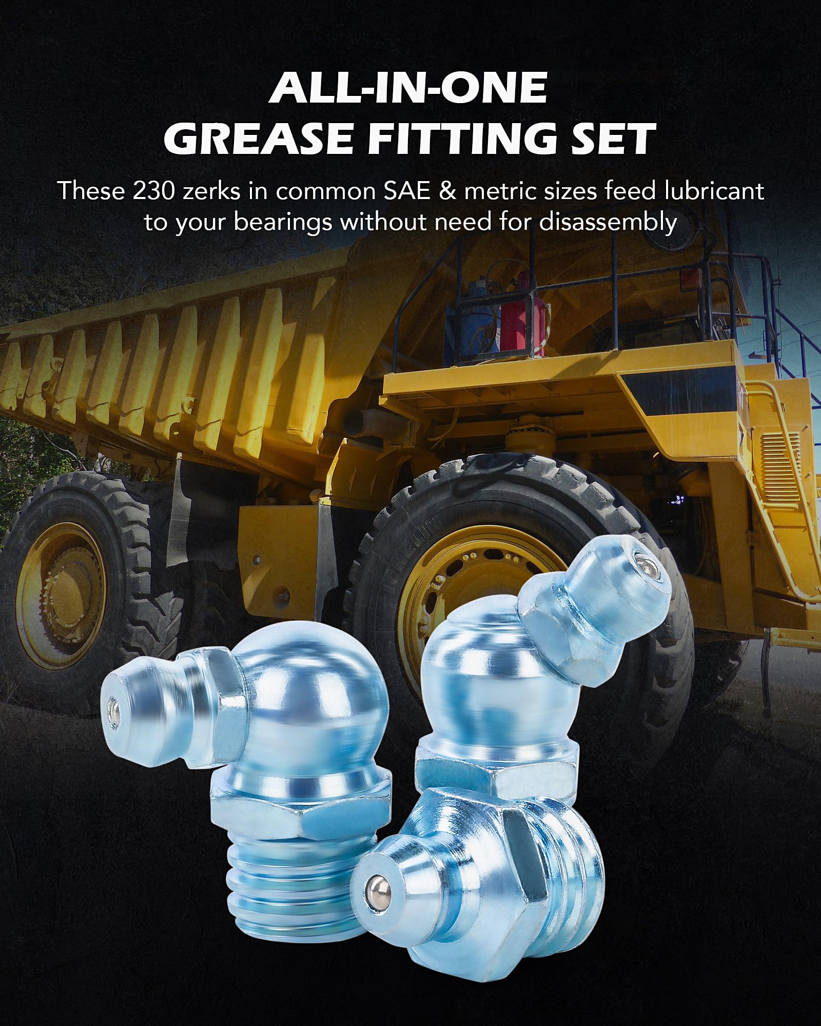 ZELCAN 230pc SAE & Metric Grease Fittings Kit - Galvanized Steel Zerk Assortment for Hydraulic Applications