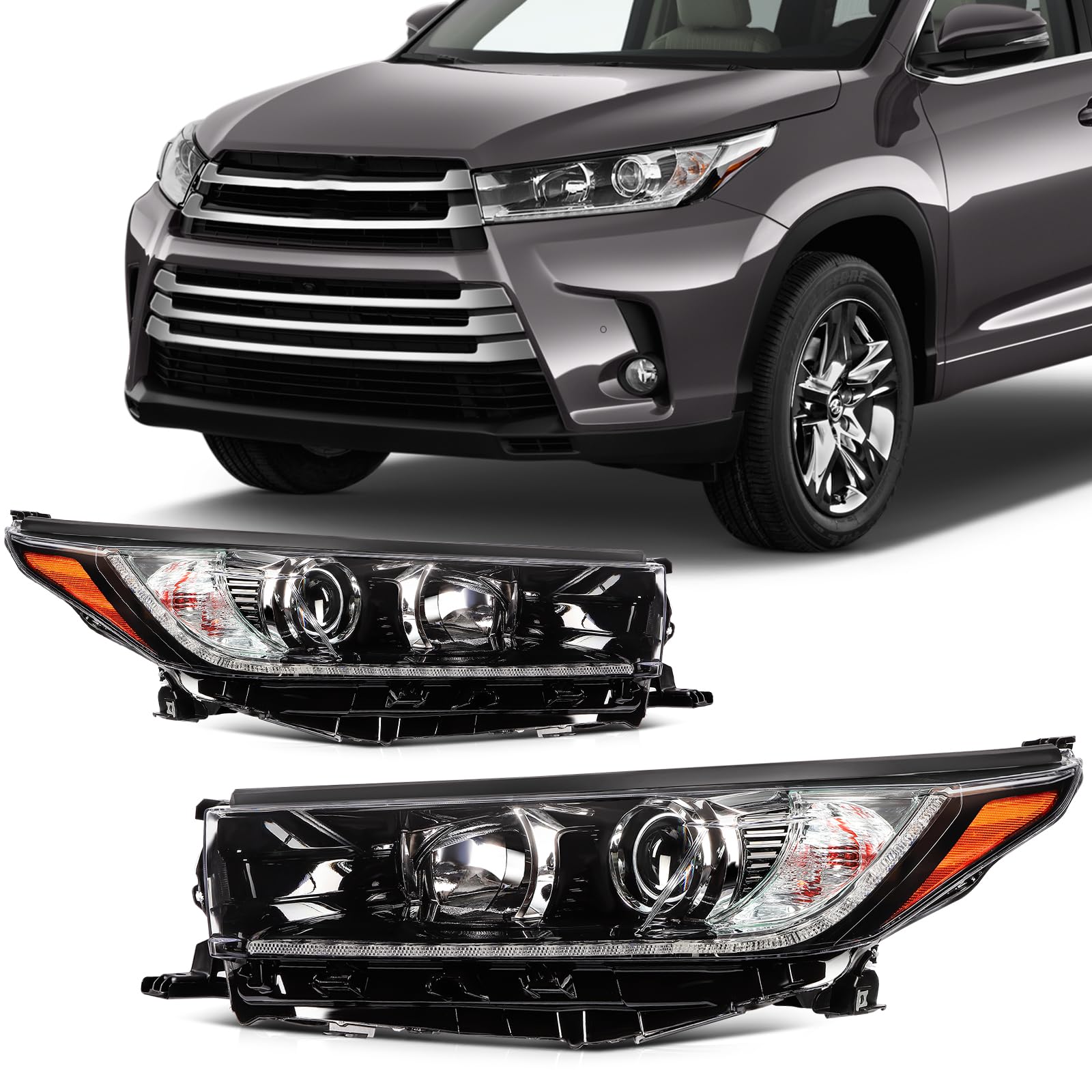 SCITOO Headlight Assembly Fit 2018-2020 for Toyota Highlander Black Housing Amber Reflector Pair Headlights 81150-OE390