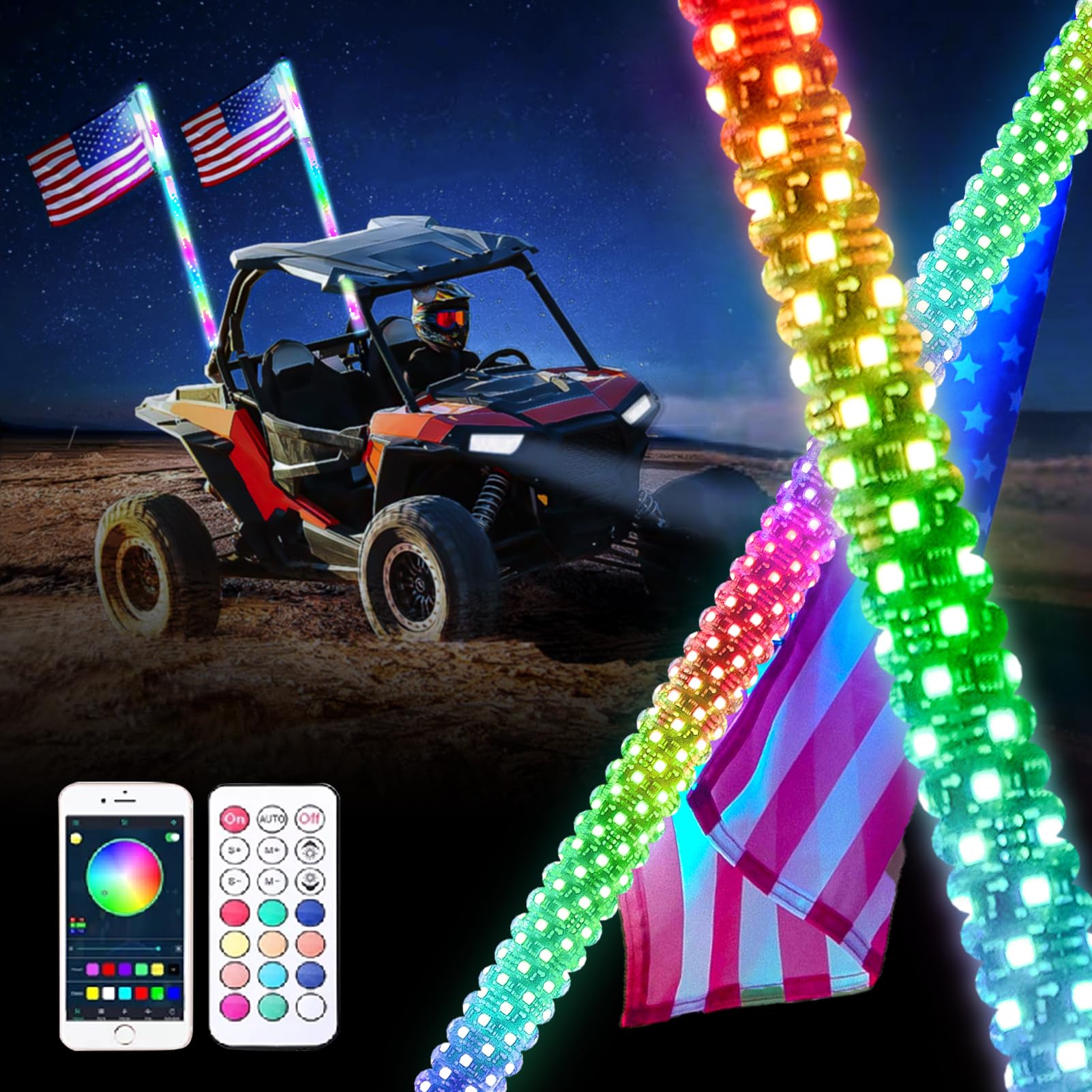 Arnzion LED Whip Lights, 2PCS 3FT Lighted Whips with App & Remote Control, Whip Lights for Side by Side with Turn Light, RGB Cha