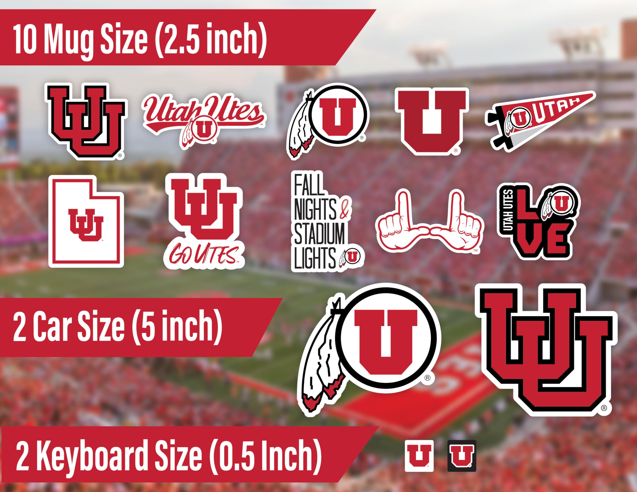 PartyKandy University of Utah Stickers Set - 14 Vinyl Decals (2 Large, 10 Medium, 2 Mini) in Utah Colors for Cars, Laptops, Phones
