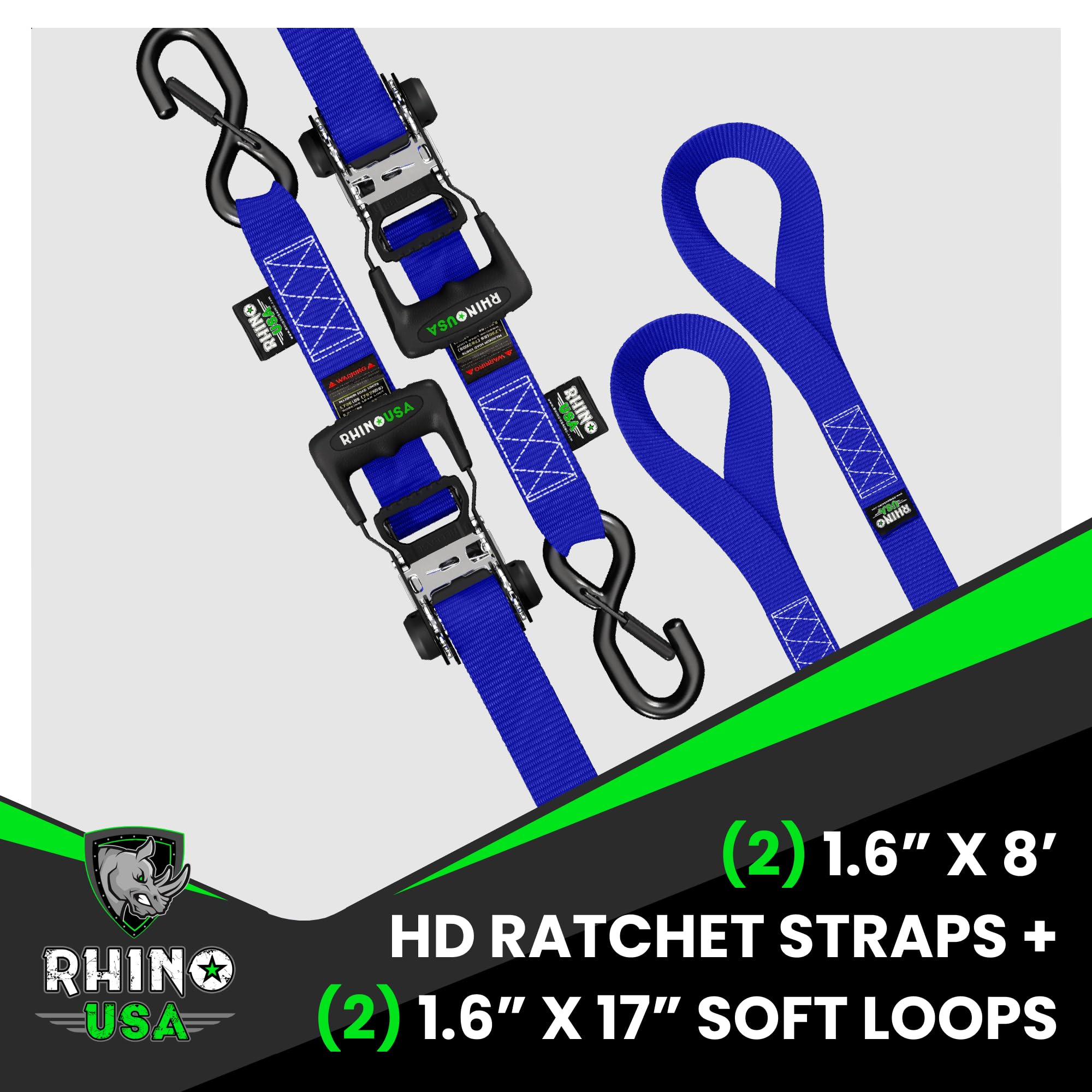 Rhino Usa Ratchet Straps Heavy Duty Kit (2-Pack) - 1.6 Inch X 8 Feet (5,208Lb Break Strength) - Ultimate Tie Down Straps With Sa