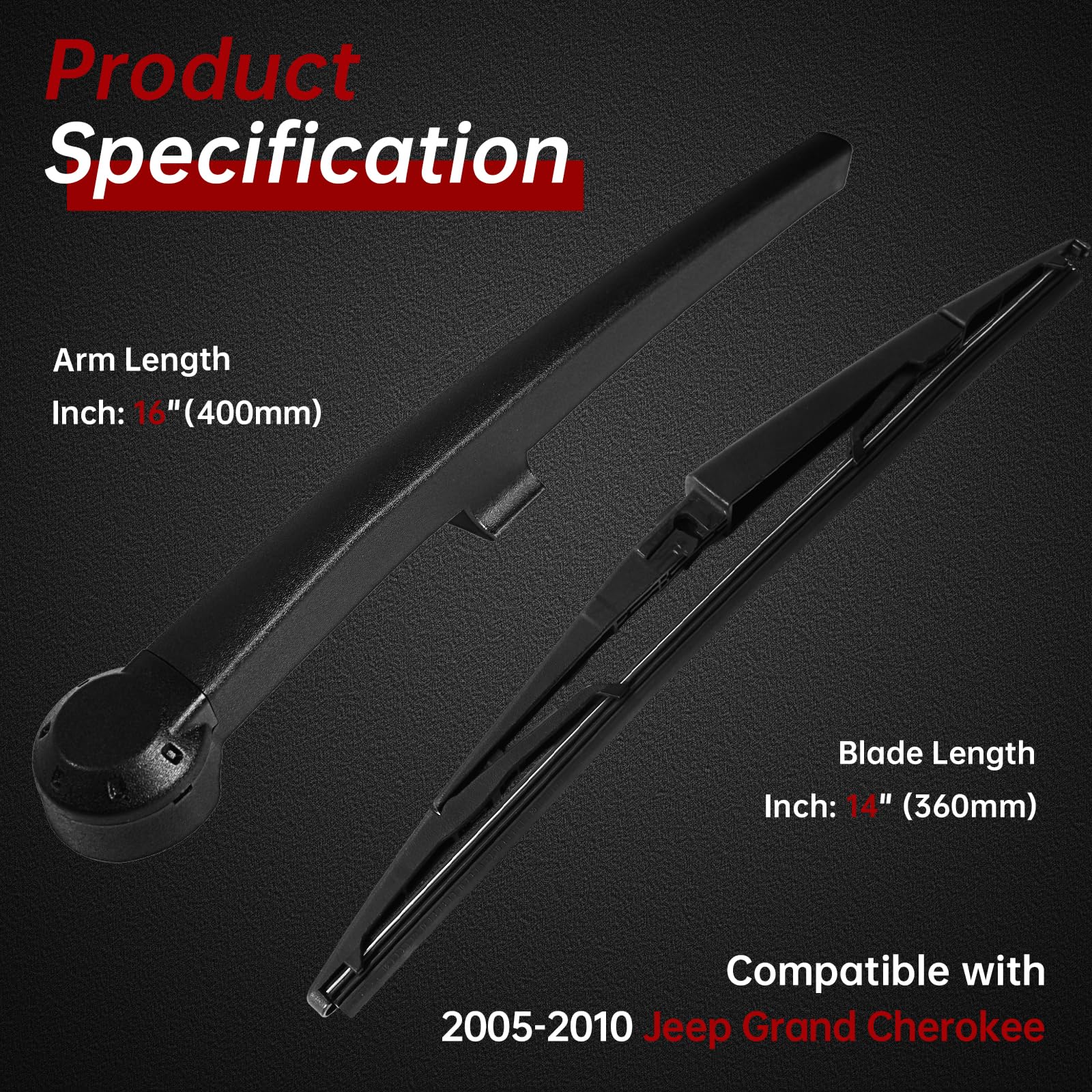 OTUAYAUTO Rear Windshield Wiper Arm Blade Set for Jeep Grand Cherokee 2005-2010, OE:05139836AB, Rear Wiper Arm and Blade