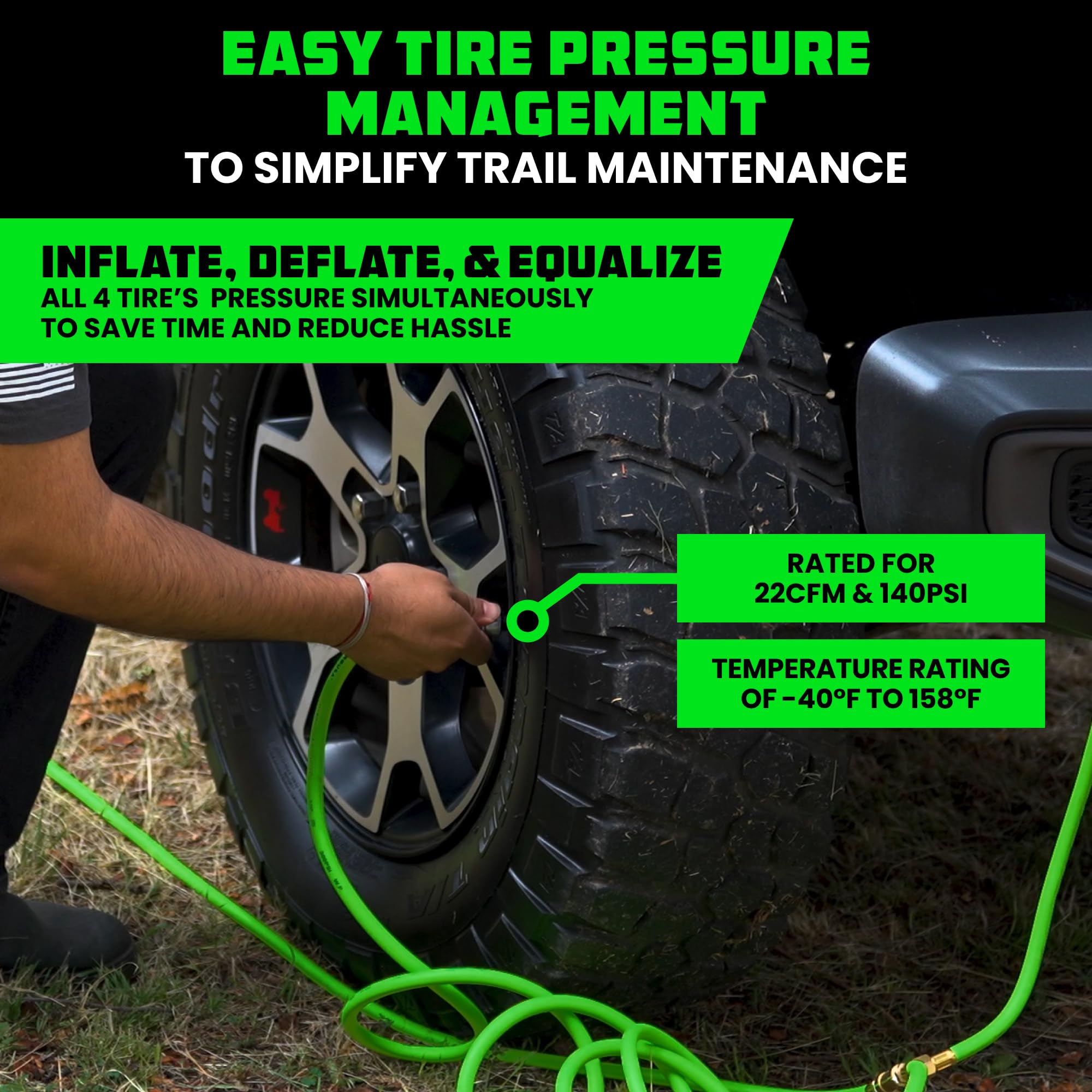Rhino USA 4 Tire Inflation/Deflation System - Fits up to 155'' Wheelbase - Ultra Fast 4 Way Tire Inflator Hose Kit for Truck, Ca