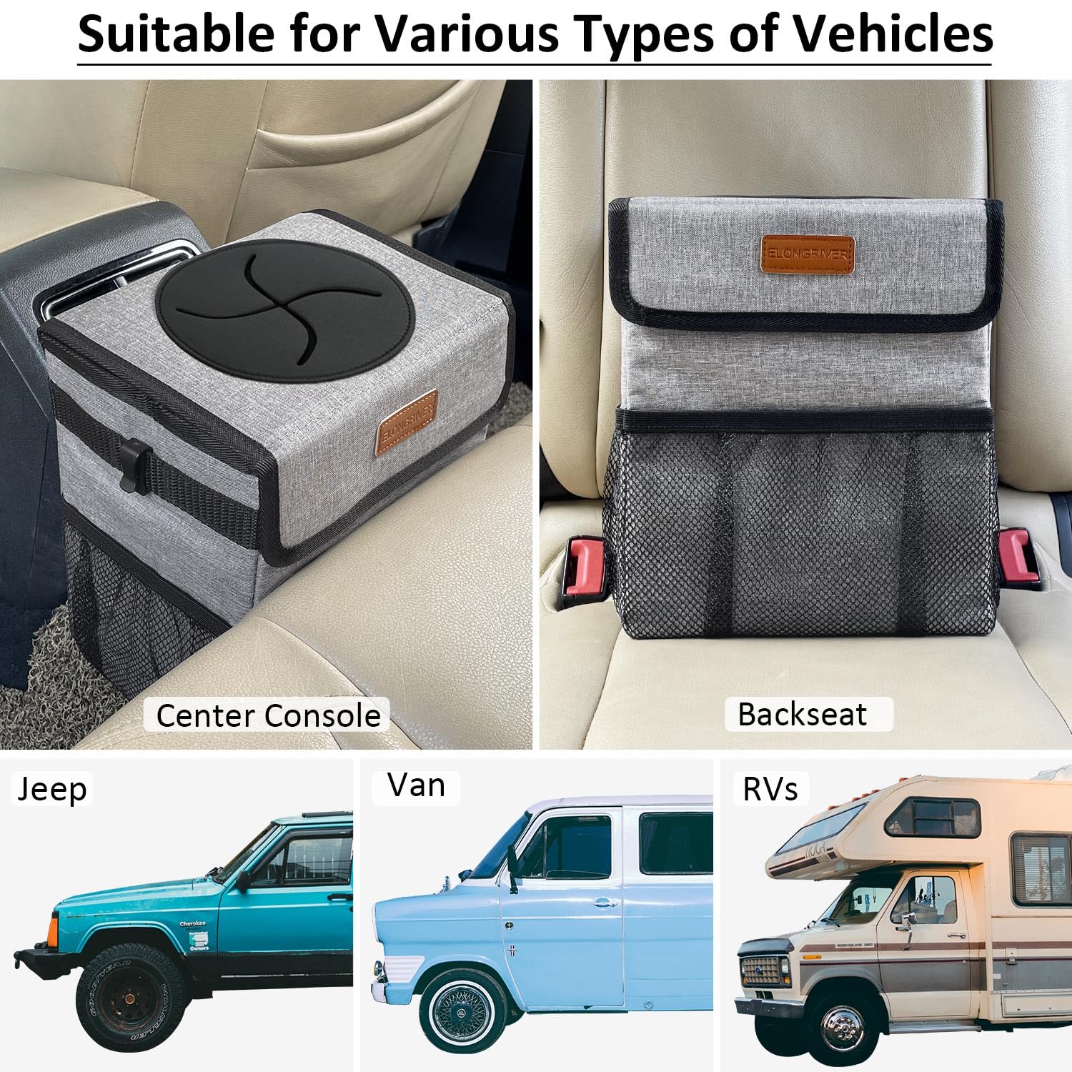 Elongriver Car Trash Can Bin For Back Seat Leak Proof, Cute Trash Bag Hanging, For Suv Truck Van, Automotive Vehicle Garbage Cans Front Seat Grey