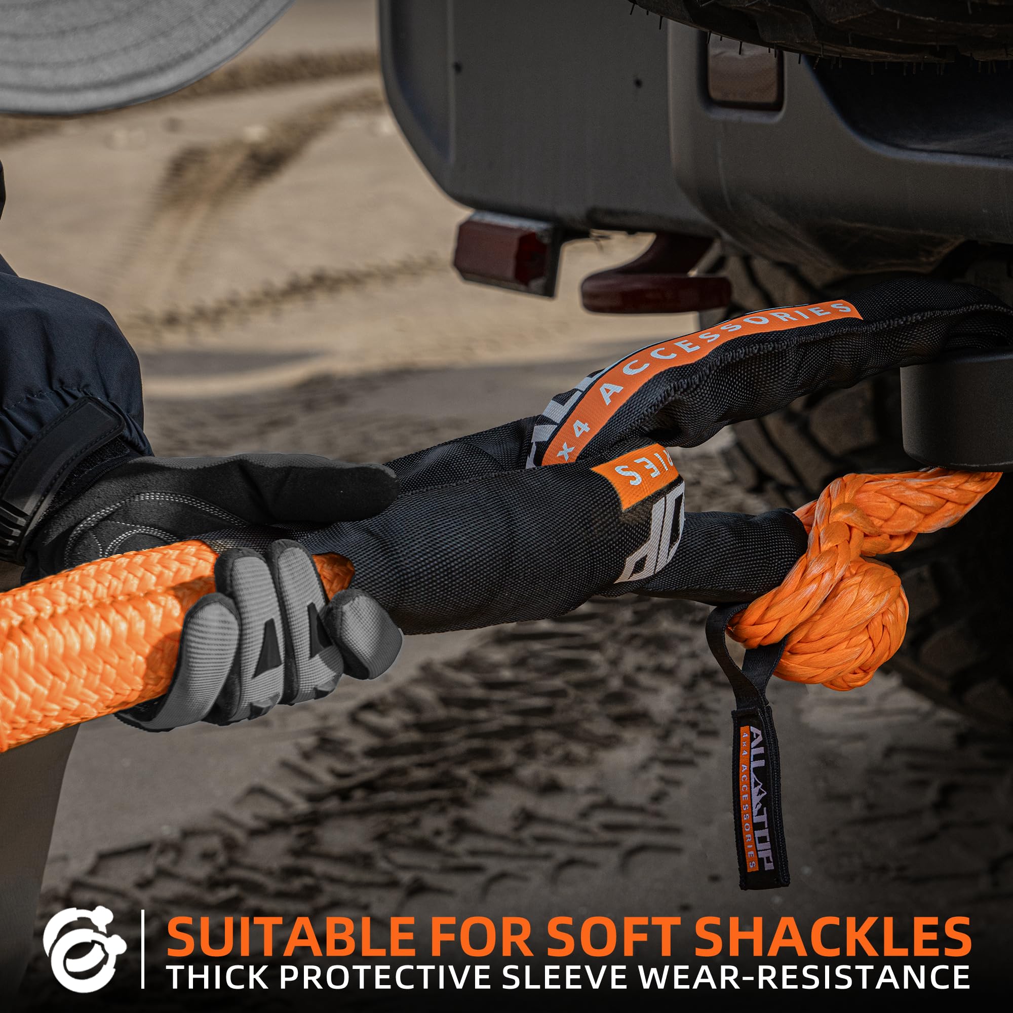 ALL-TOP Kinetic Recovery Rope Kit - 30ft, 83000Lbs, Nylon, Orange, 2 Soft Shackles, Model ATKRR25 for 4x4 Offroad