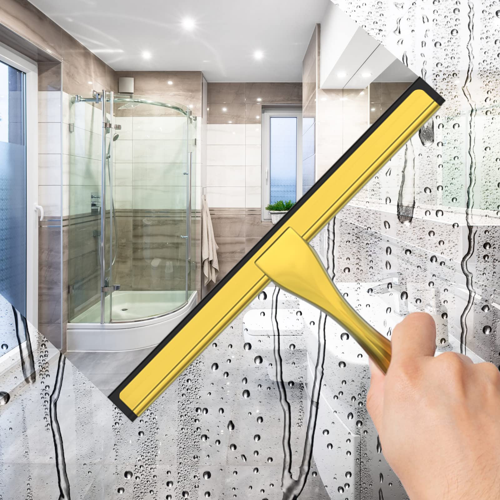 All-Purpose Stainless Steel Shower Squeegee For Shower Doors With 2 Adhesive Hooks, Bathroom Cleaner Tool Household Window Mirro