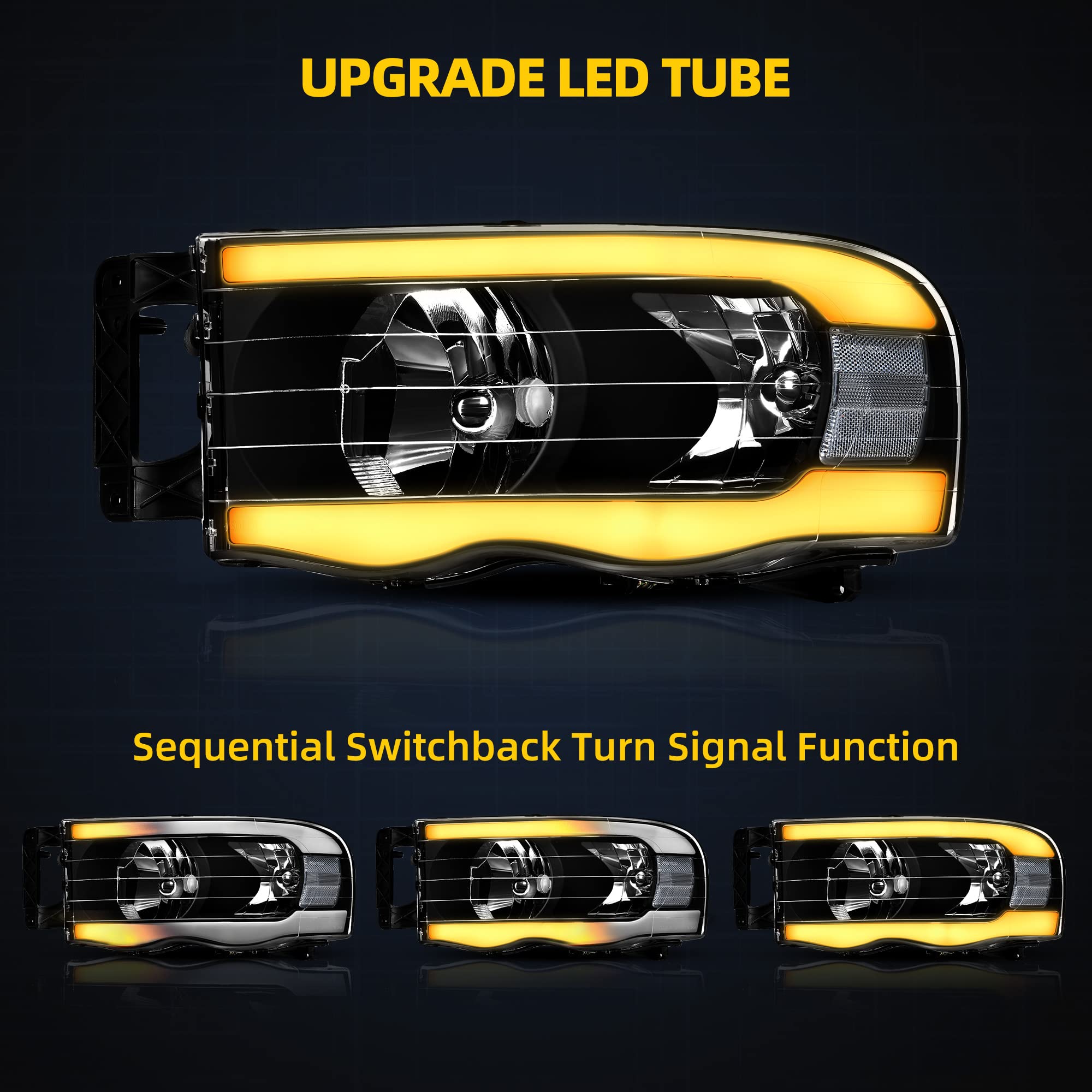 DWVO Headlight Assembly for 2002-2005 Dodge Ram 1500/2500/3500, Switchback LED DRL, Black Housing, Clear Lens, Driver & Passenger Side