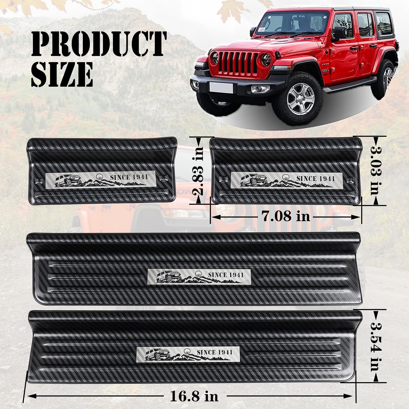 Rowa Door Sill Guards For Jeep 2018-2025 Wrangler Jl Jlu & 2020-2025 Gladiator Jt, Carbon Fiber Pattern 304 Stainless Steel Door