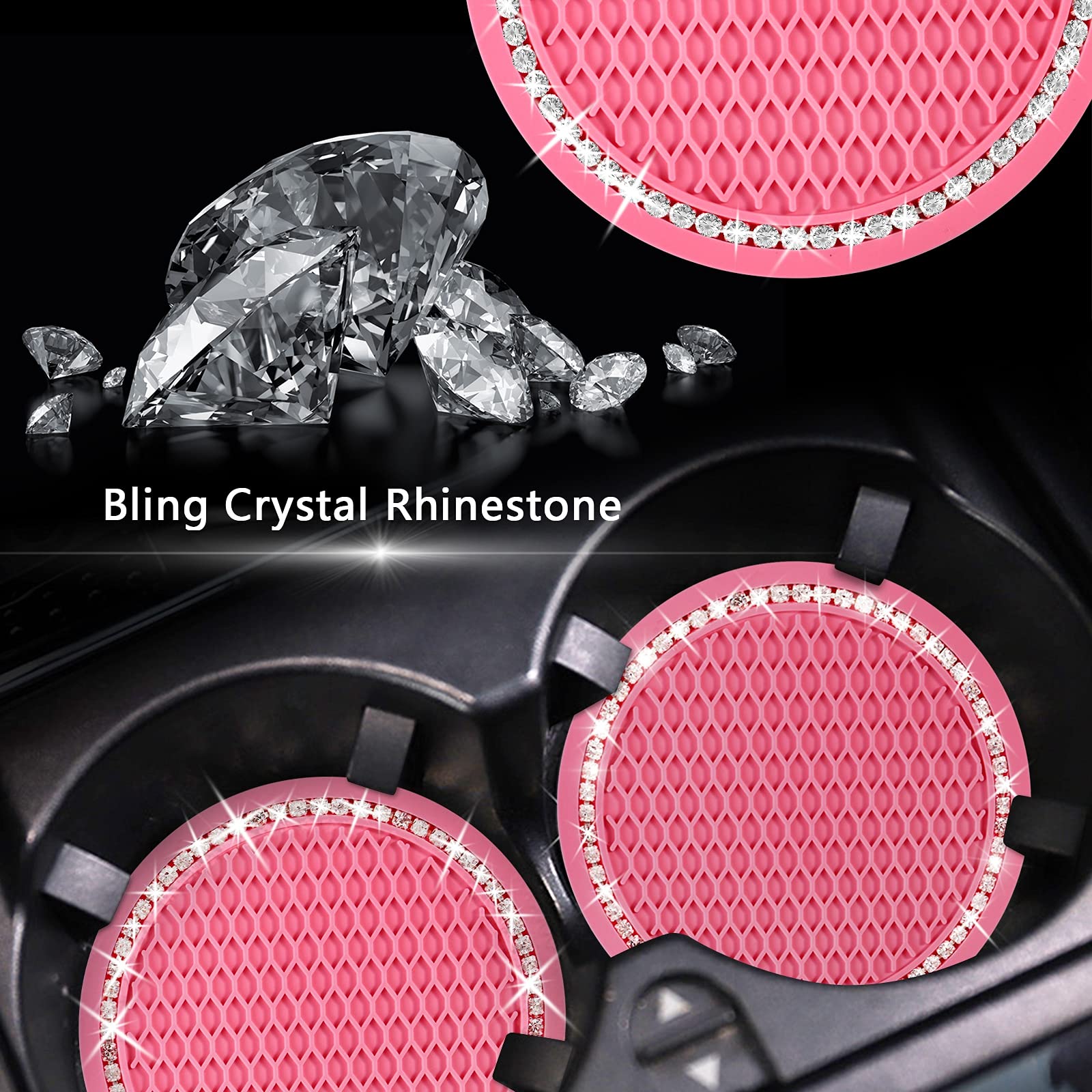 2PCS Bling Car Cup Coaster, 2.75 Inch Auto Cup Holder Insert Coasters Silicone Anti-Slip Crystal Rhinestone Drink Mat, Universal