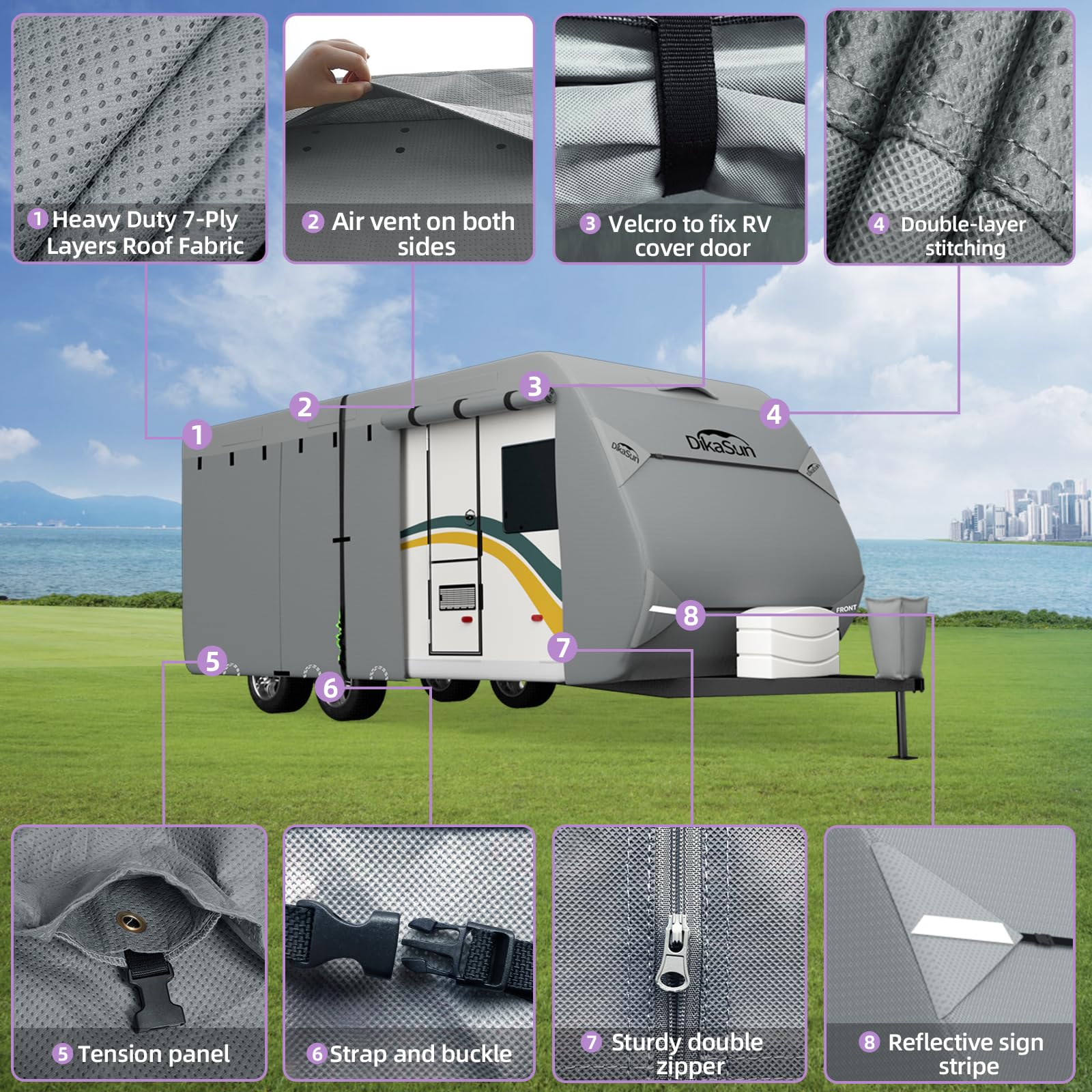 Dikasun Rv Cover, Upgraded 7 Layers Top Travel Trailer Cover Fits 27-30 Ft Rv, Waterproof Camper Cover For Toy Hauler With Tongue Jack Cover, Gutter Covers