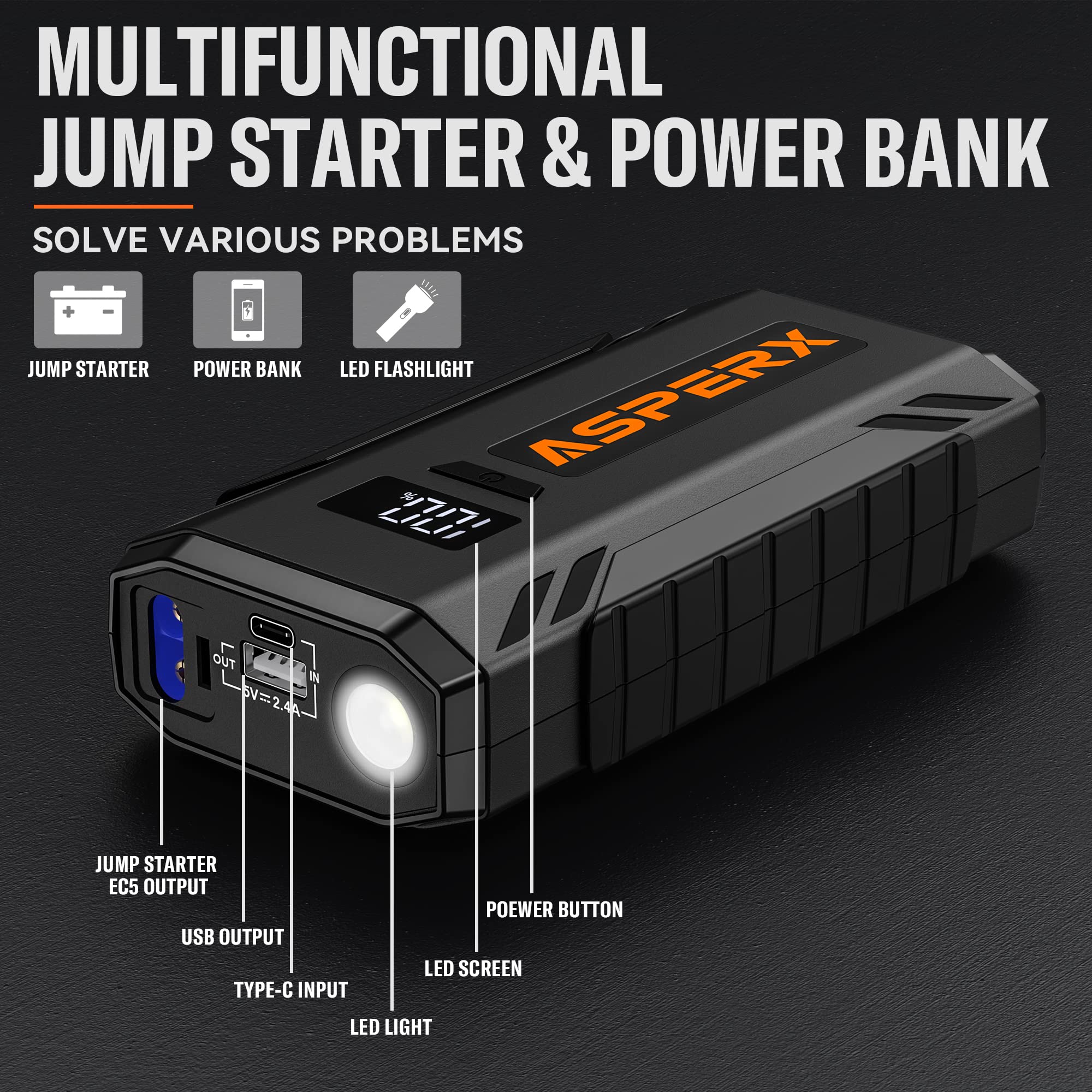 AsperX 2000A Car Jump Starter for 7.0L Gas/5.5L Diesel Engines, 12V Portable Power Pack with LCD Display, Black, Model AX-150