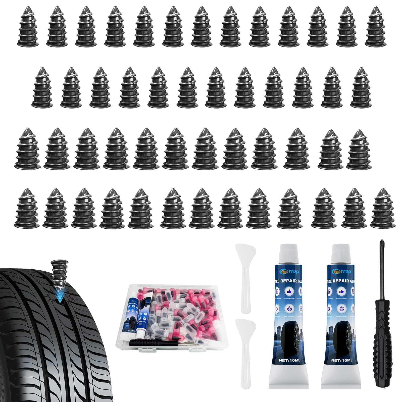 Tire Repair Rubber Nails Kit, 50 PCS Screw in Tire Repair Plugs Kit with 2 Sizes, Portable Emergency Tubeless Tire Repair Kit fo