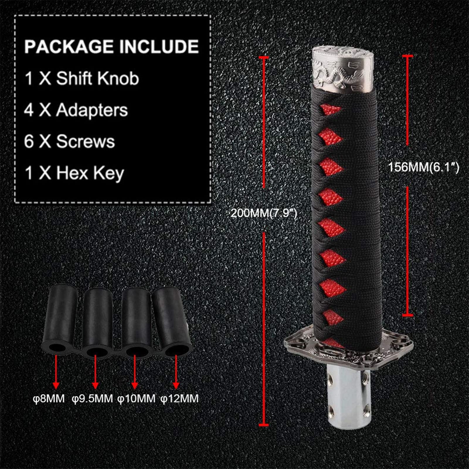 RYANSTAR Katana Shift Knob - Samurai Sword Gear Shifter, Black+Red, Wood Metal Silk, Model SK095, with 4 Adapters for Manual/Automatic Cars