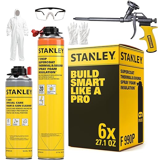 STANLEY F 990P Closed Cell Spray Foam Insulation Kit, 27.1 oz, 6 Pack, Polyurethane Foam, Covers Up to 120 Sq.Ft., Includes Gun &