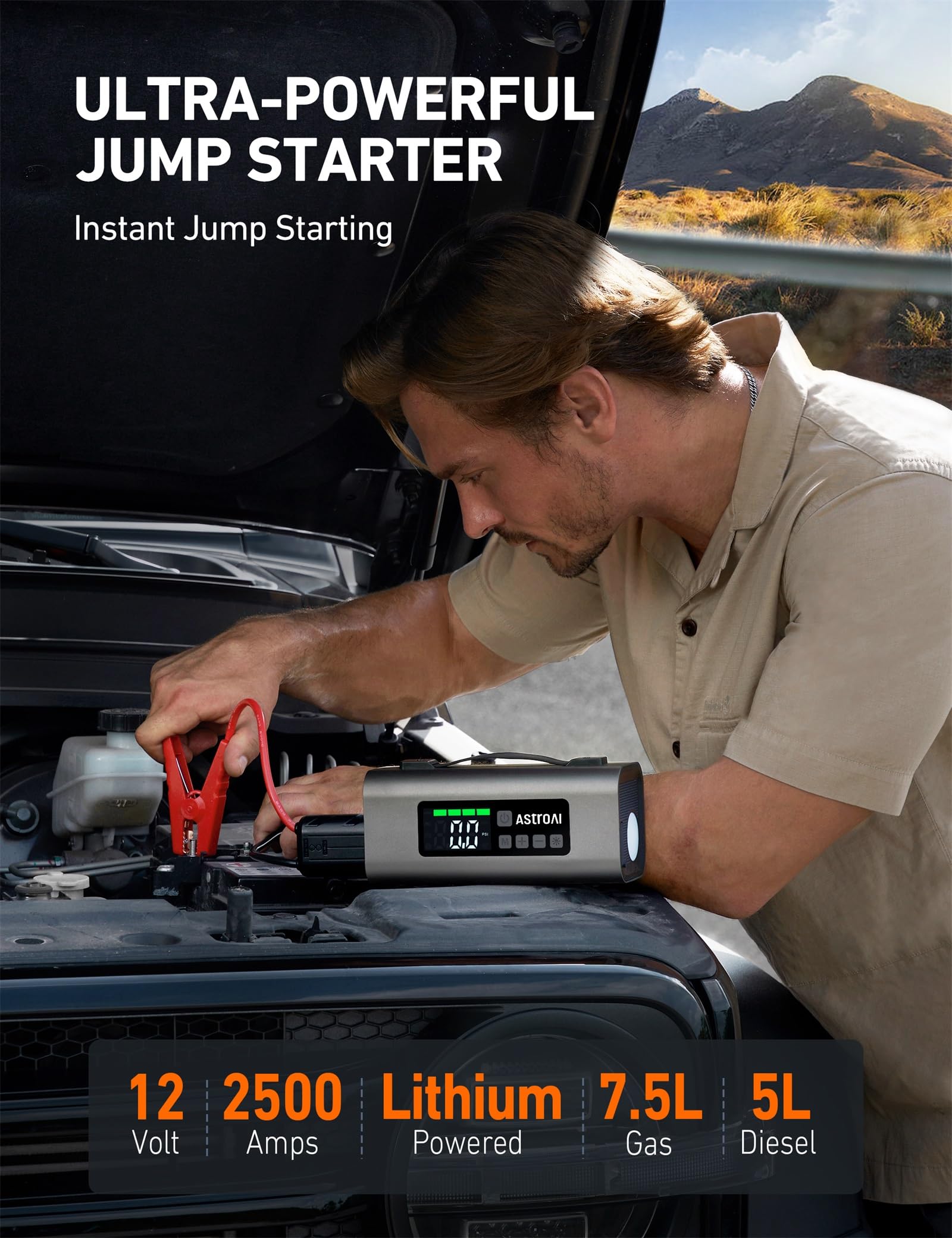 AstroAI Portable Car Jump Starter & Air Compressor 2500A, 150PSI, UL Certified, Grey, Model MF159