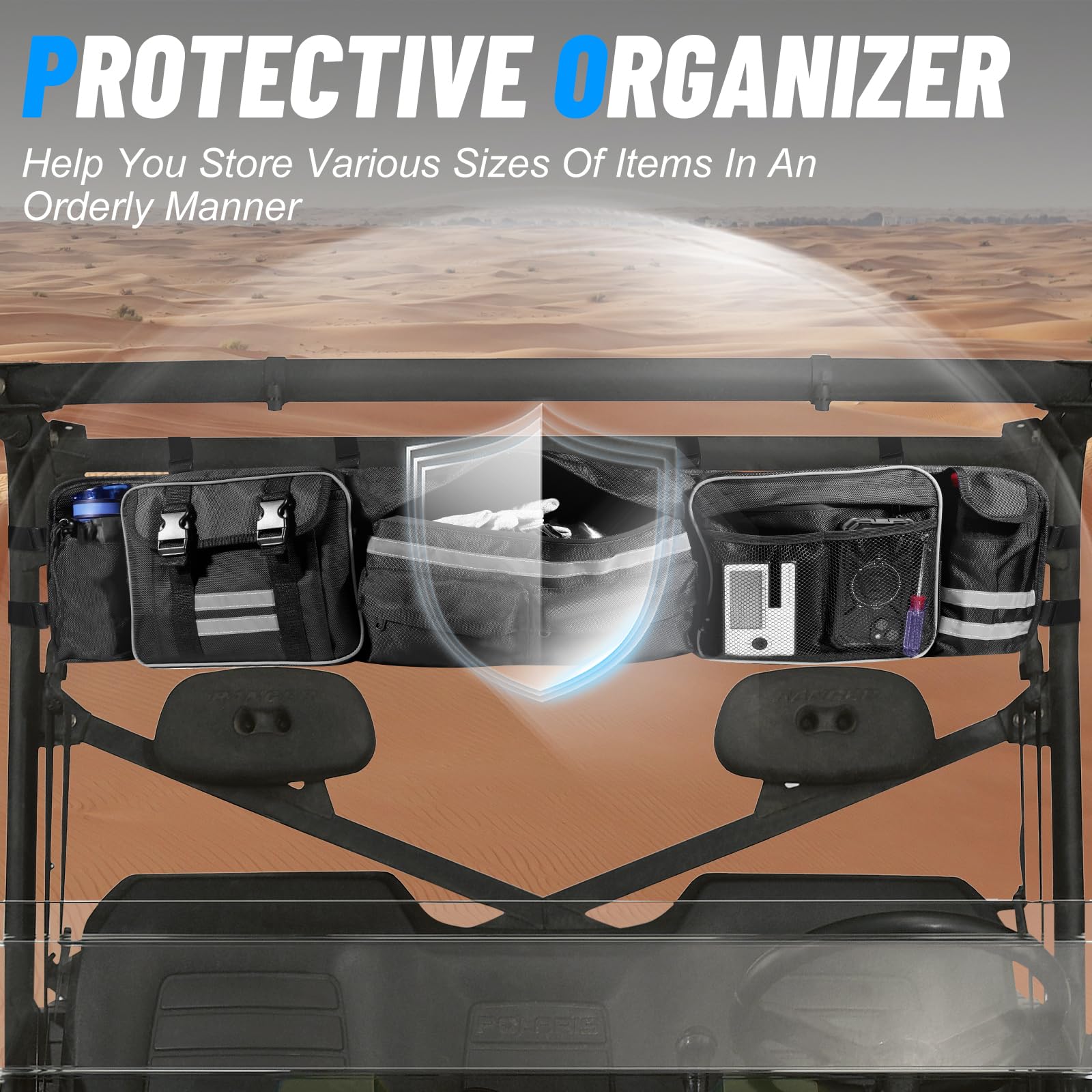 StarknightMT UTV Large Roll Cage Bag,Rear Roll Bar Overhead Storage Organizer Cargo Bags with Reflective Strip Compatible with R