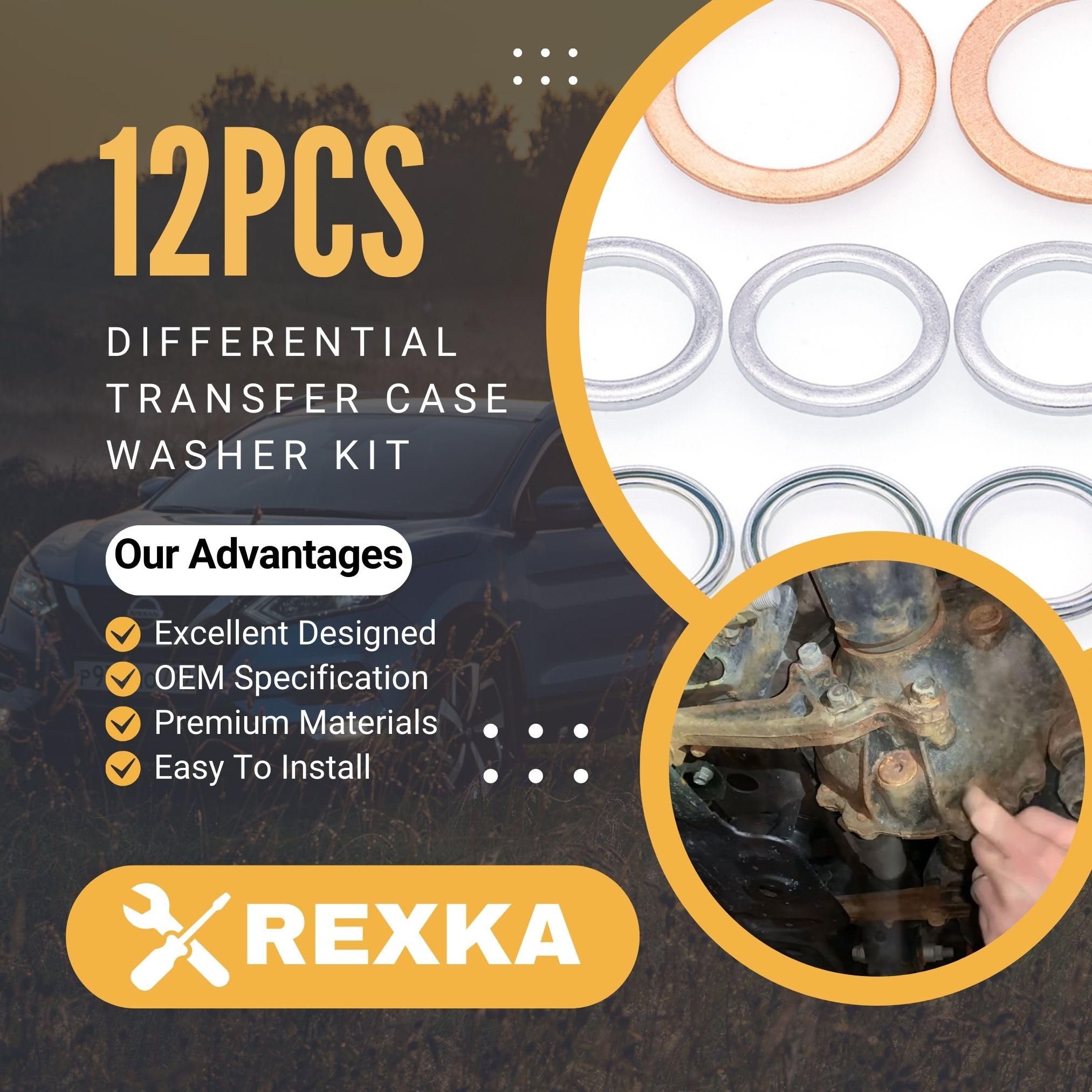 Rexka Transfer & Differential Gasket Kit, 12pcs, Copper, Compatible with Toyota Lexus 4Runner Land Cruiser Tundra Tacoma FJ Cruiser RAV4 Sequoia
