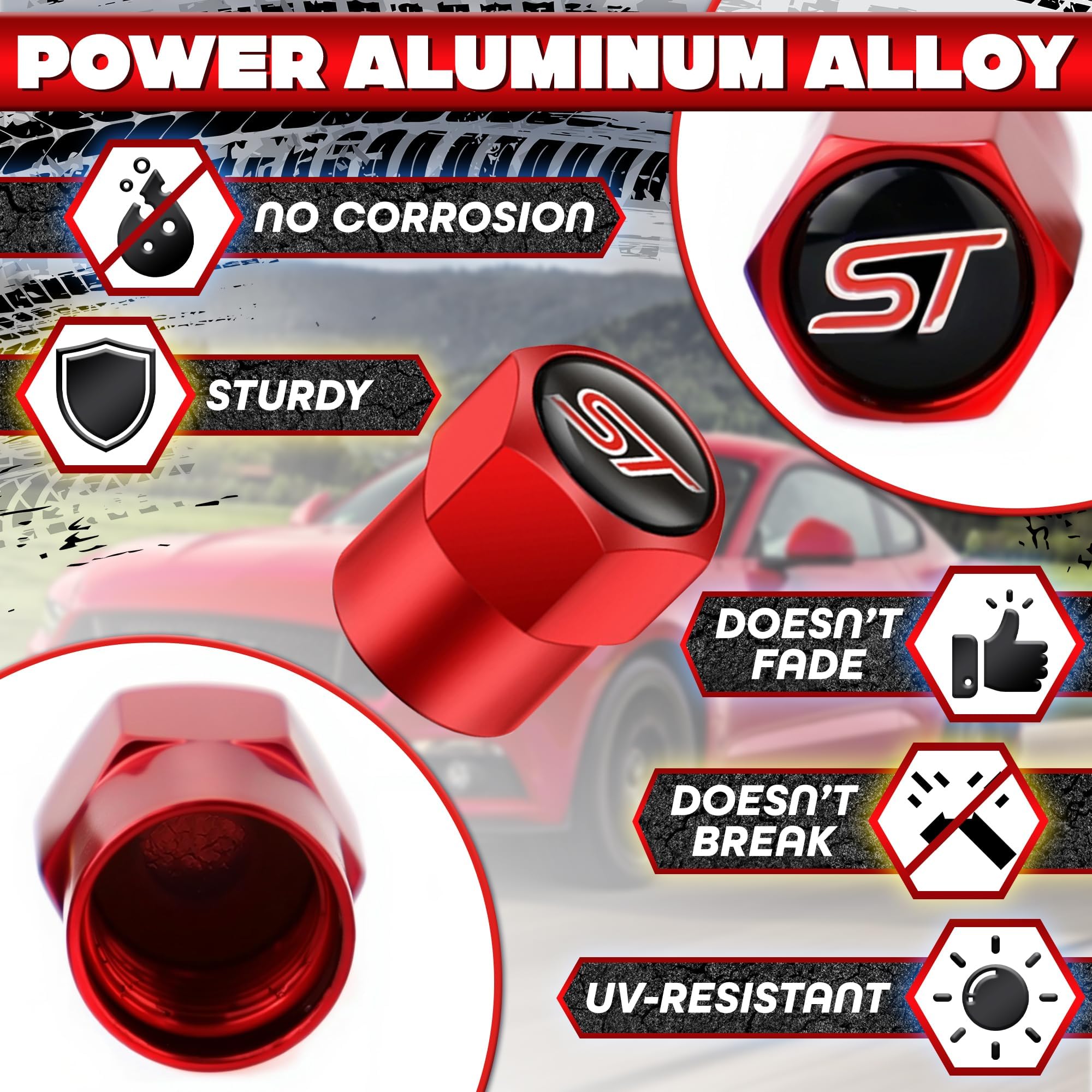 Reluen Metal Tire Valve Stem Caps - 4Pcs Red O-Rings, Fits Ford ST Models, Corrosion-Resistant, Universal Fit for Cars & Motorcycles
