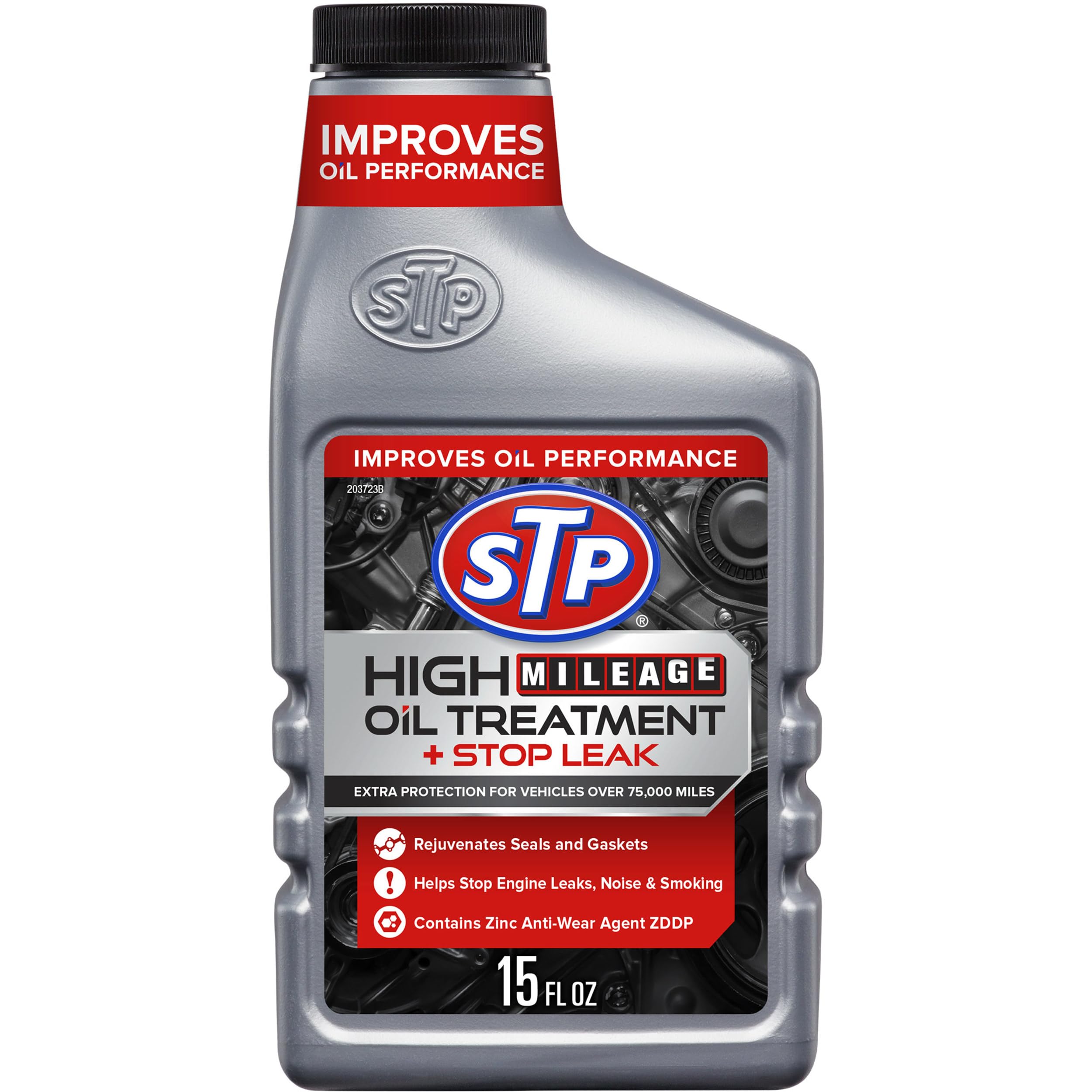 STP High Mileage Oil Treatment + Stop Leak, 15 FL OZ, Model 15604B - Engine Oil Additive for Enhanced Performance
