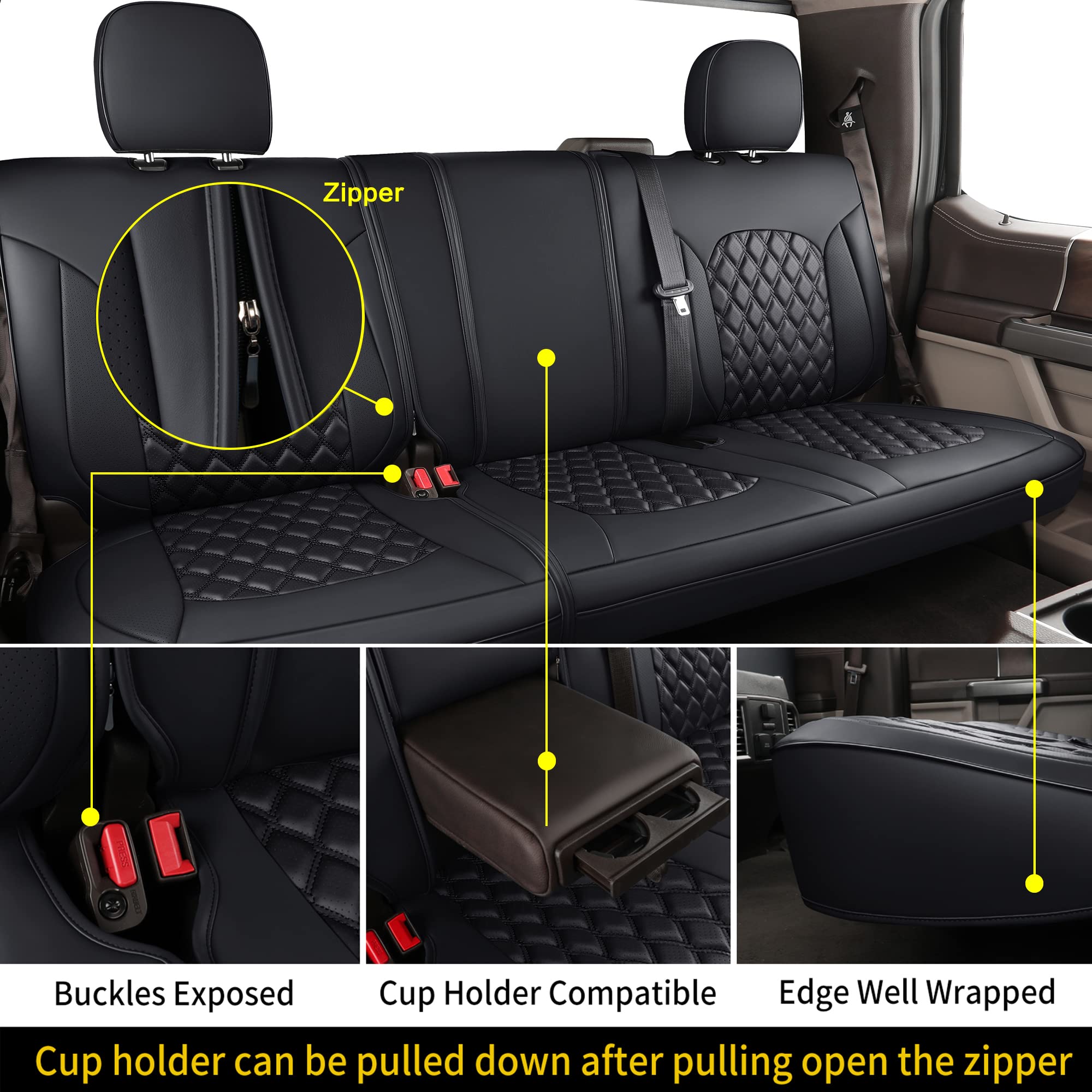 Huidasource Leather Seat Covers for 2015-2025 Ford F150 & F250-F450, Full Set, Black, Faux Leather, Model F1501