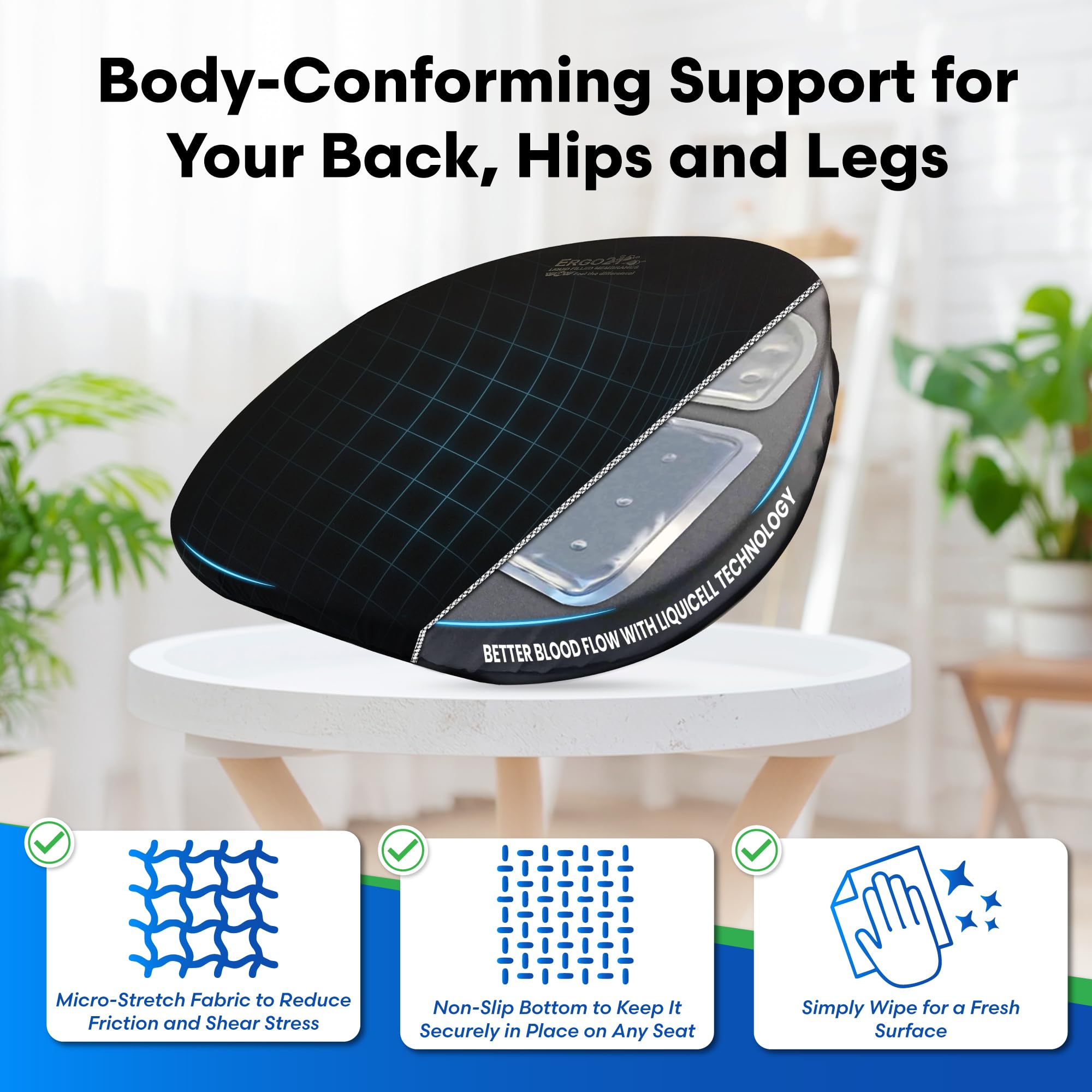 ERGO21 Original Seat Cushion - Liquicell Pressure Relief, 18" x 17" x 3", Black, for Tailbone, Sciatica, Hip & Lower Back Pain