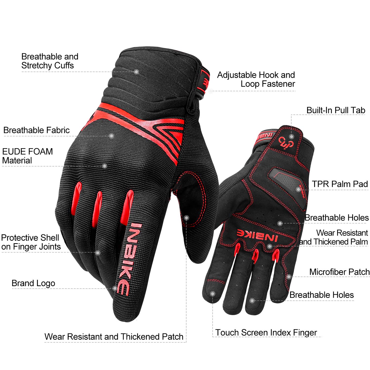 Inbike Breathable Mesh Motorcycle Gloves Touchscreen With Tpr Palm Pad Hard Knuckles Black Red Medium