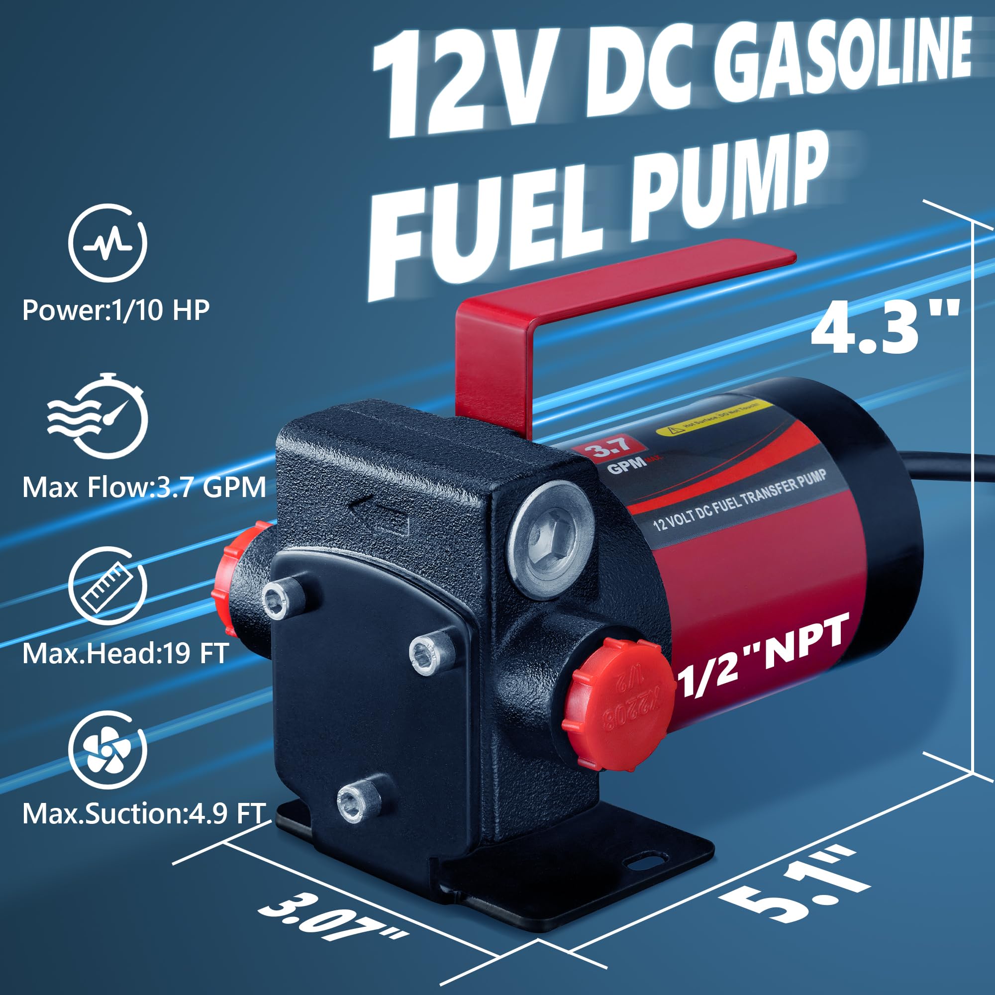 VALYHOOD 12V DC Gasoline Fuel Pump Kit - Self-Priming, Reversible, Overheat Protection, Cast Iron, Model WS-2215DT