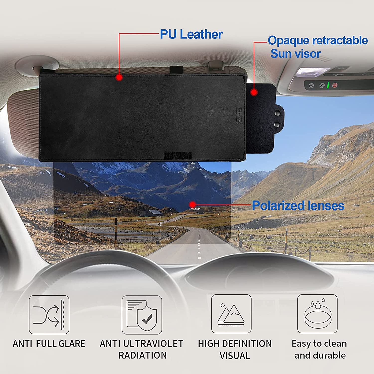Veharvim Polarized Sun Visor for Car, Upgraded UV400 Car Sun Visor Extension with PC Lens and Side Sunshade,Anti-Glare Visor for