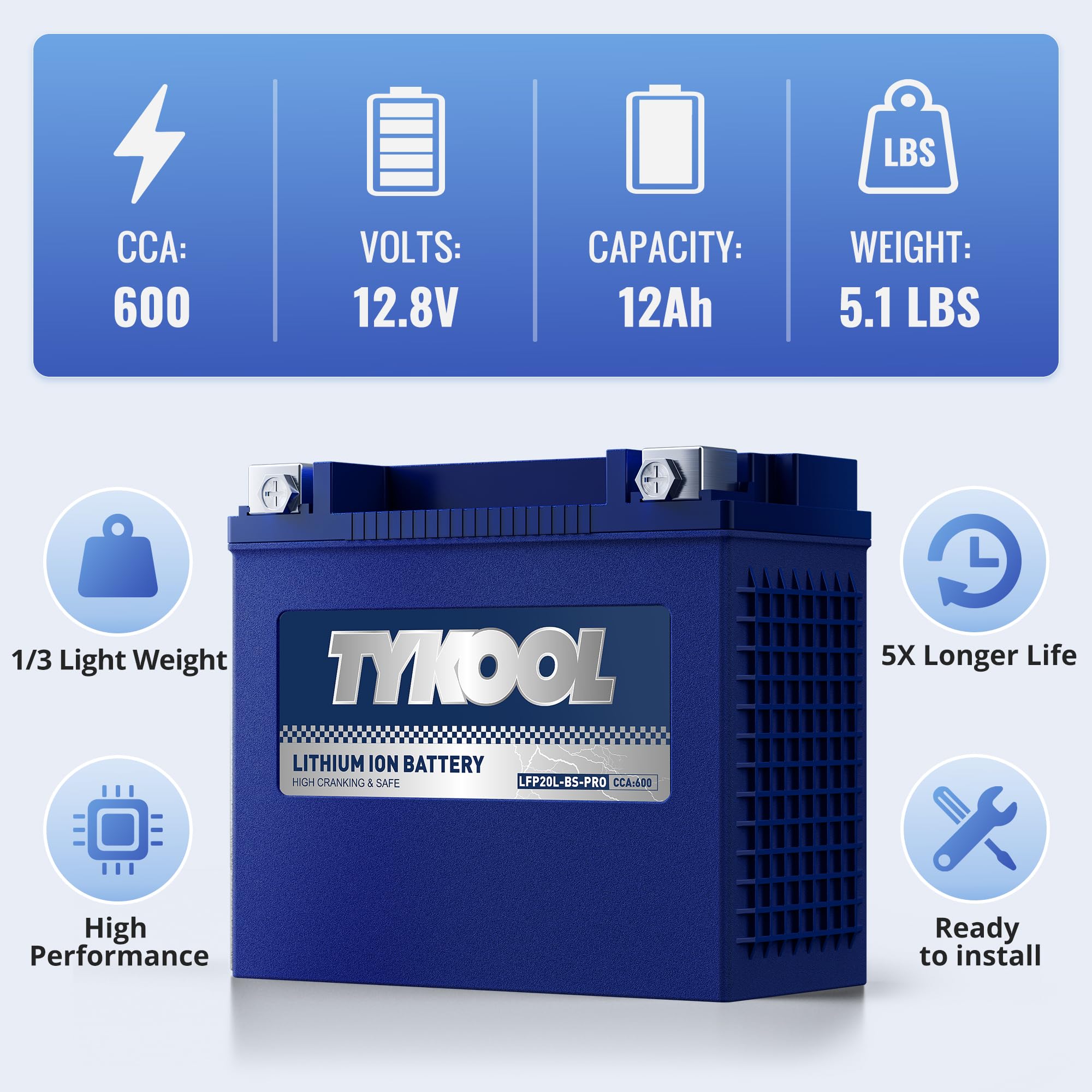 TYKOOL YTX20L-BS Pro Lithium Battery 12V 12Ah 600CCA for Harley Davidson & Can-Am Defender, Model LFP20L-BS-PRO