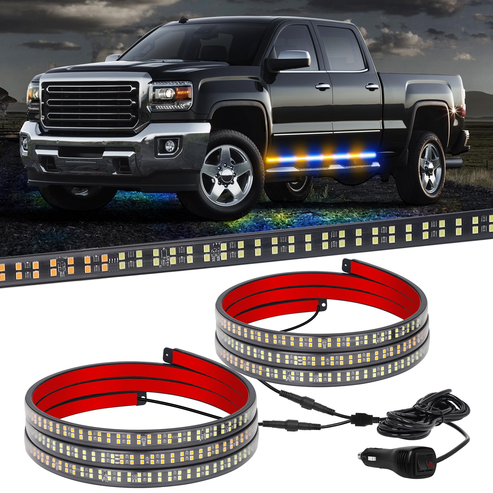Xridonsen 2Pcs 70 Inch Truck Amber Blue Strobe Lights Strip 864 Led Emergency Running Board Lights Flashing Warning Hazard Cauti