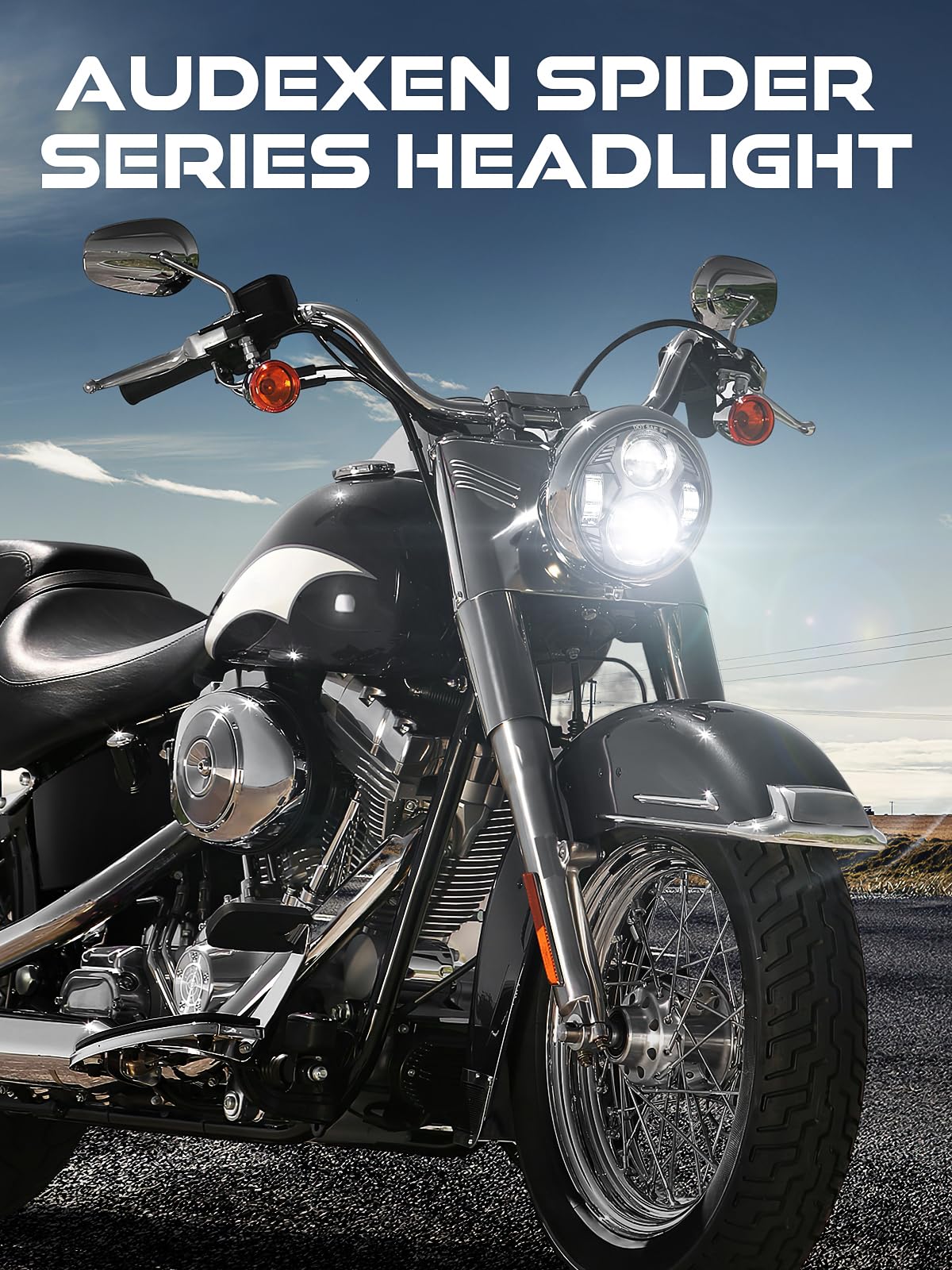 AUDEXEN 5.75" Round LED Headlight, 51W, Die-Cast Aluminum, Black, Model HZZ575, Compatible with Harley Dyna/Sportster/Softail