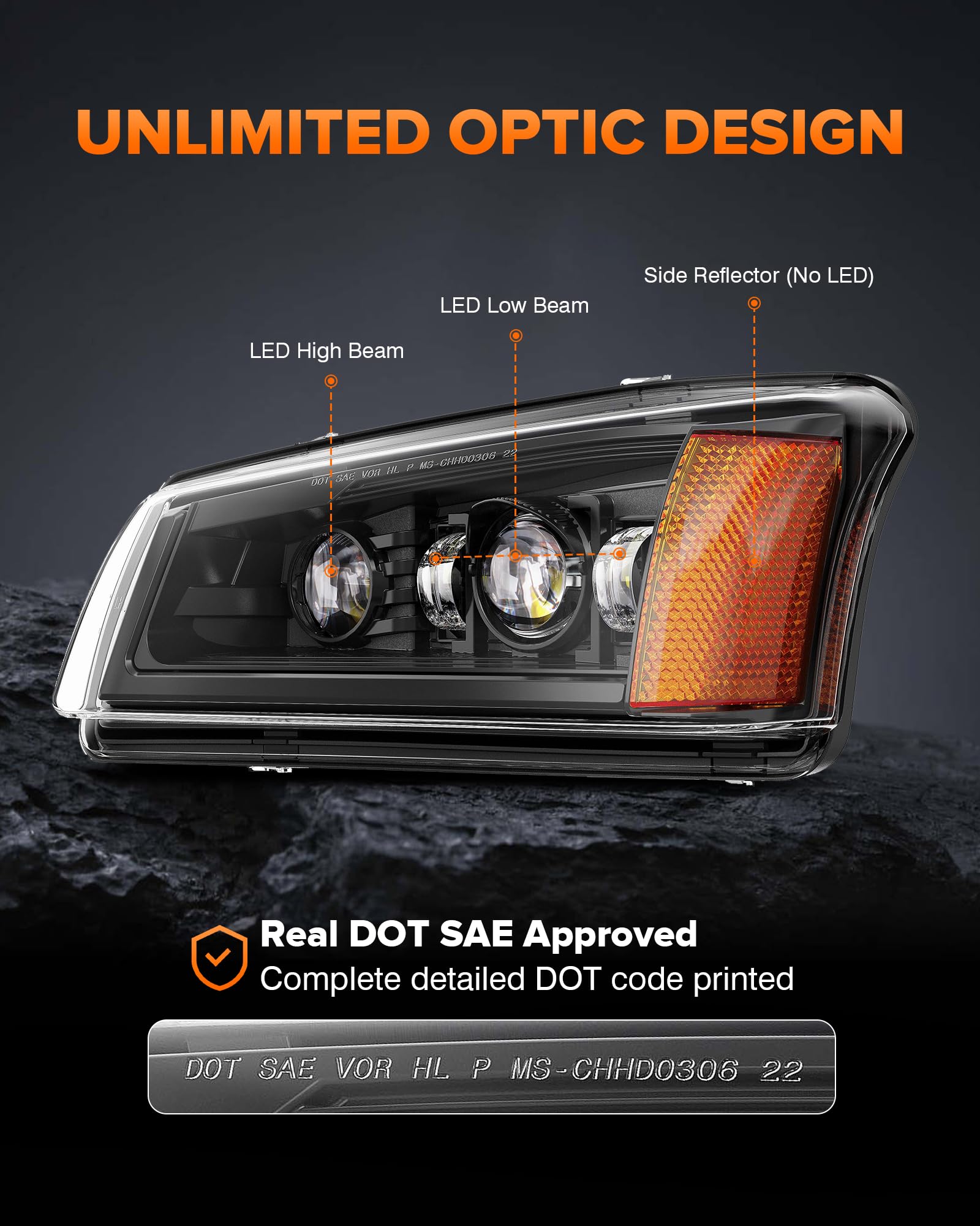 Z-OFFROAD LED Headlights Assembly, DOT Approved, Hi/Low, Compatible with 03-06 Chevy Silverado/Avalanche, 2pcs, Black, Model SJ-0306DP-