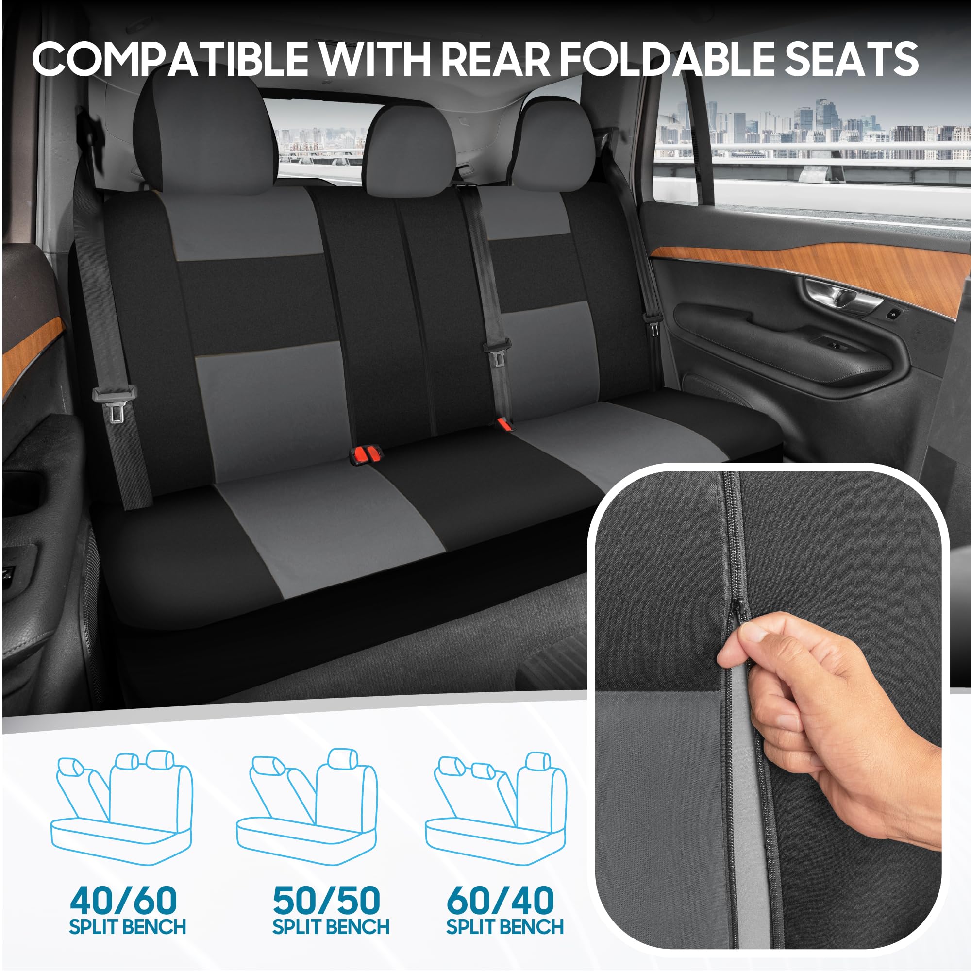 BDK PolyPro Car Seat Covers Full Set in Gray on Black, Front and Rear Split Bench Seat Covers for Cars, Easy to Install Car Seat