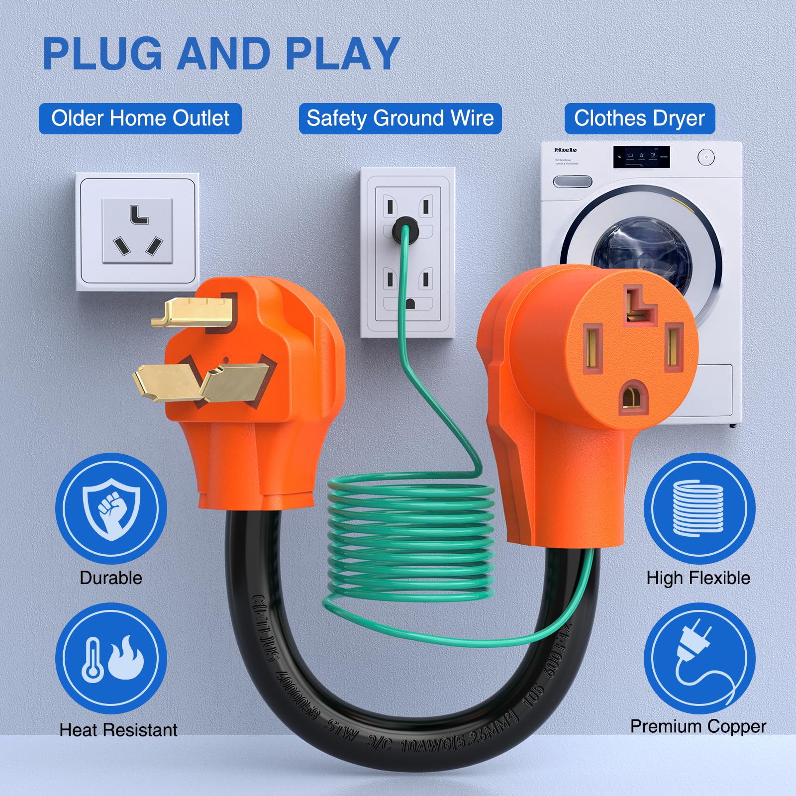 Nilight 30 Amp Dryer Adapter Cord, 10 Gauge Copper, 10-30P to 14-30R, Heavy Duty, 3750 Watt, Ground Wire, Model 50419