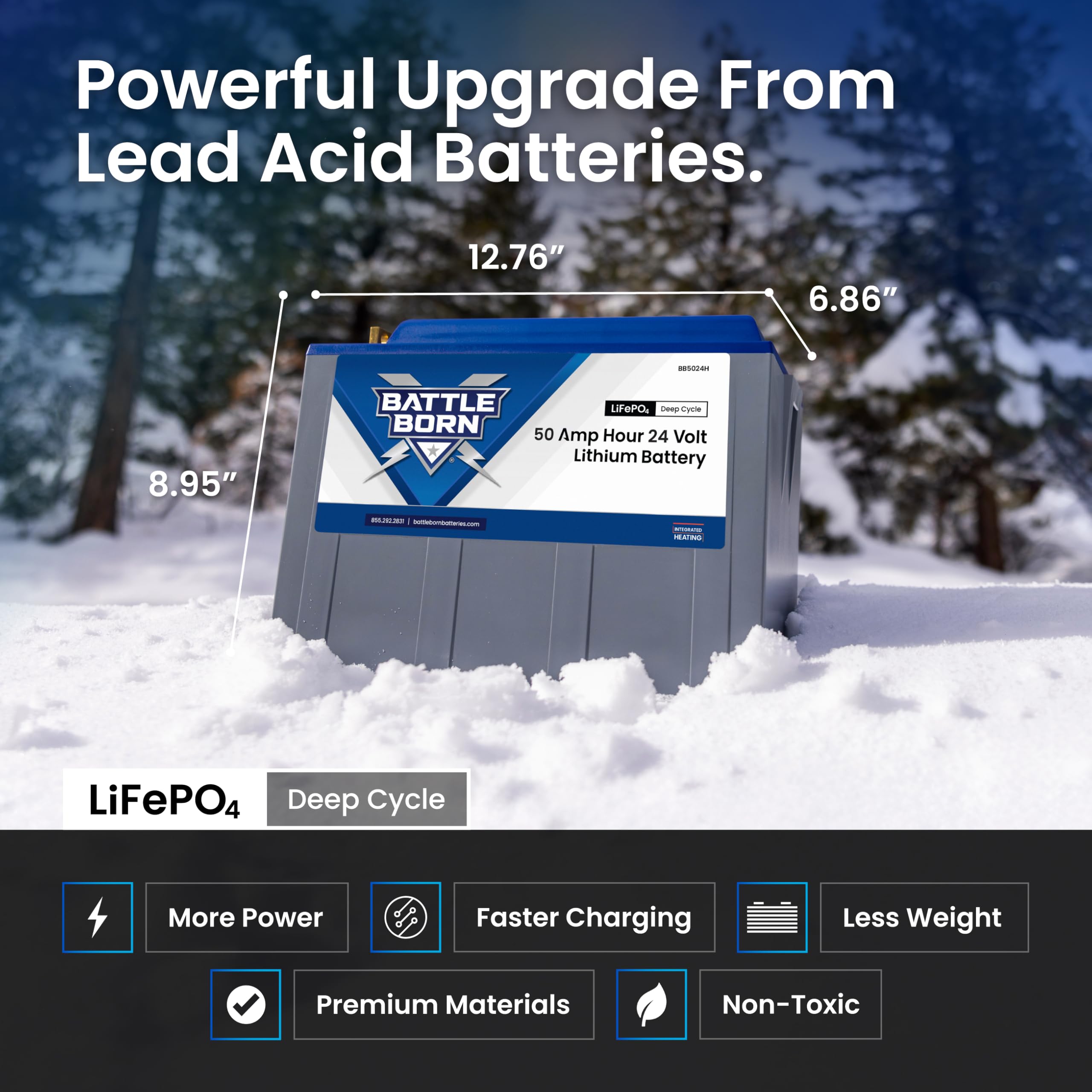 Battle Born Batteries 50Ah 24V Heated Lithium-Ion RV & Marine Battery - Integrated Heating, Internal BMS, High/Low Temp Protection