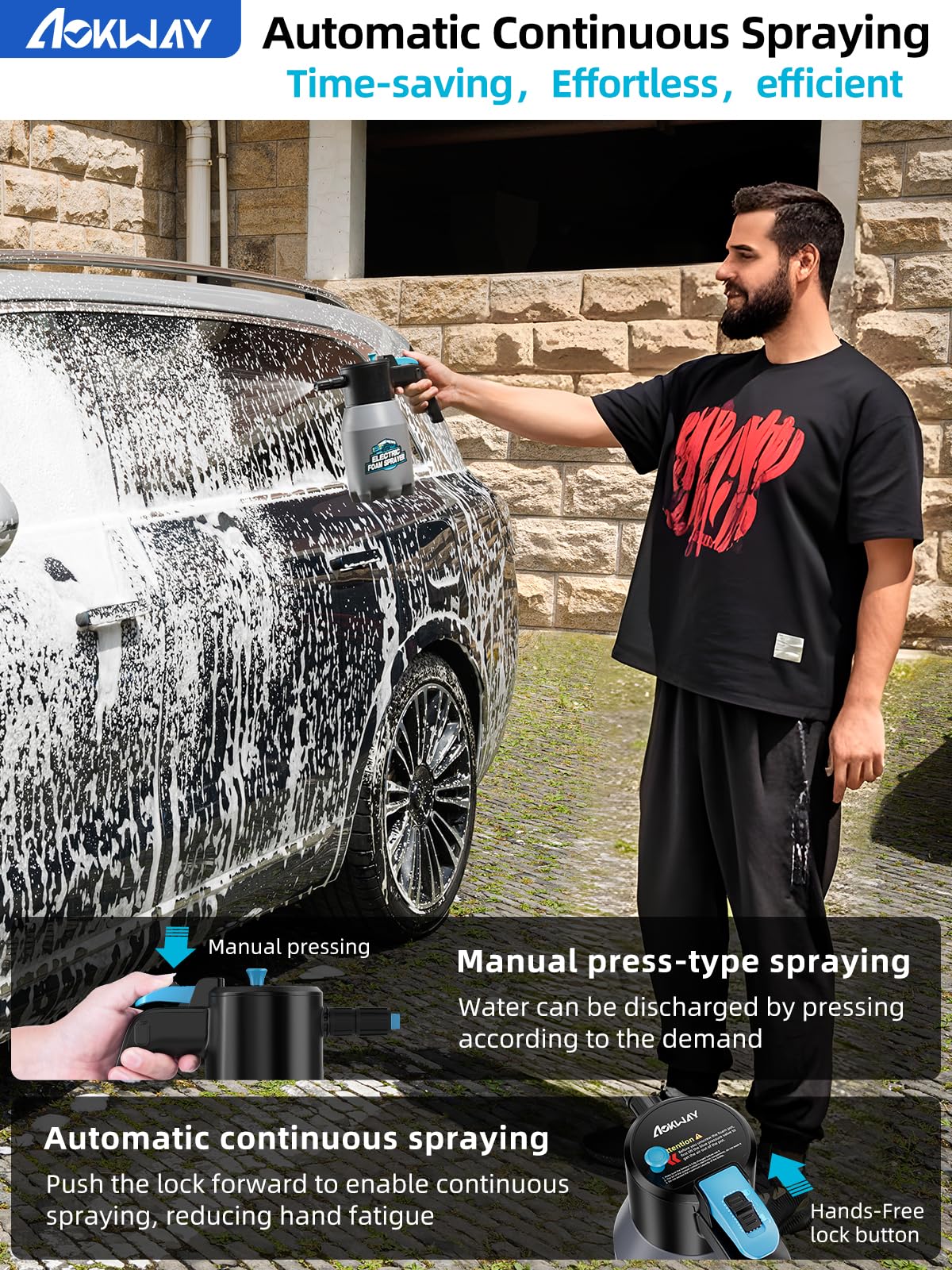 aokway Electric Foam Sprayer - Portable Cordless Handheld Car Wash Foam Cannon - Gray, Plastic Material