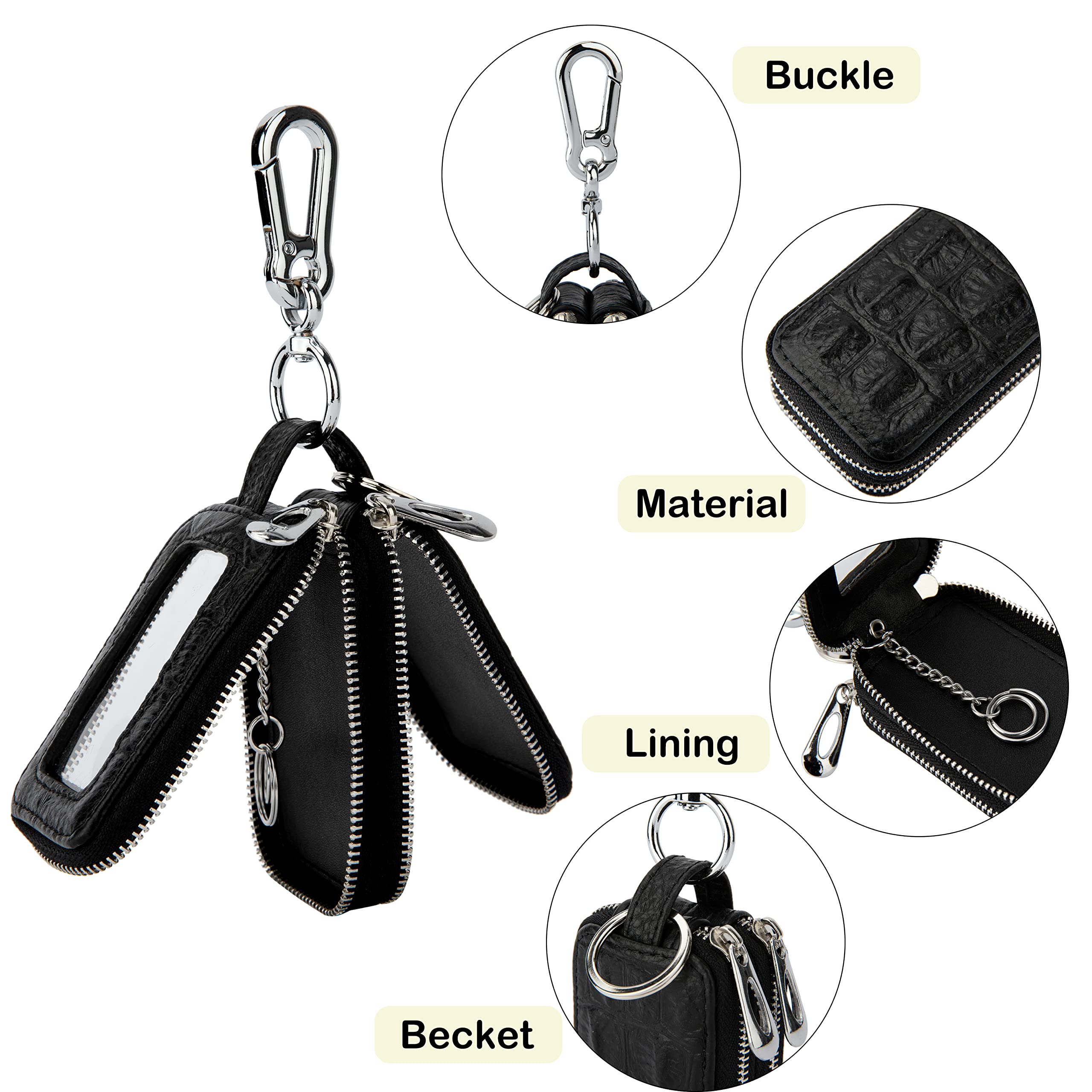 Aiqudou Double Deck Car Key Fob Bag -Leather Car Key Holder Universal Touch Screen Zipper Key Pouch Car Keychain Leather Key Hol