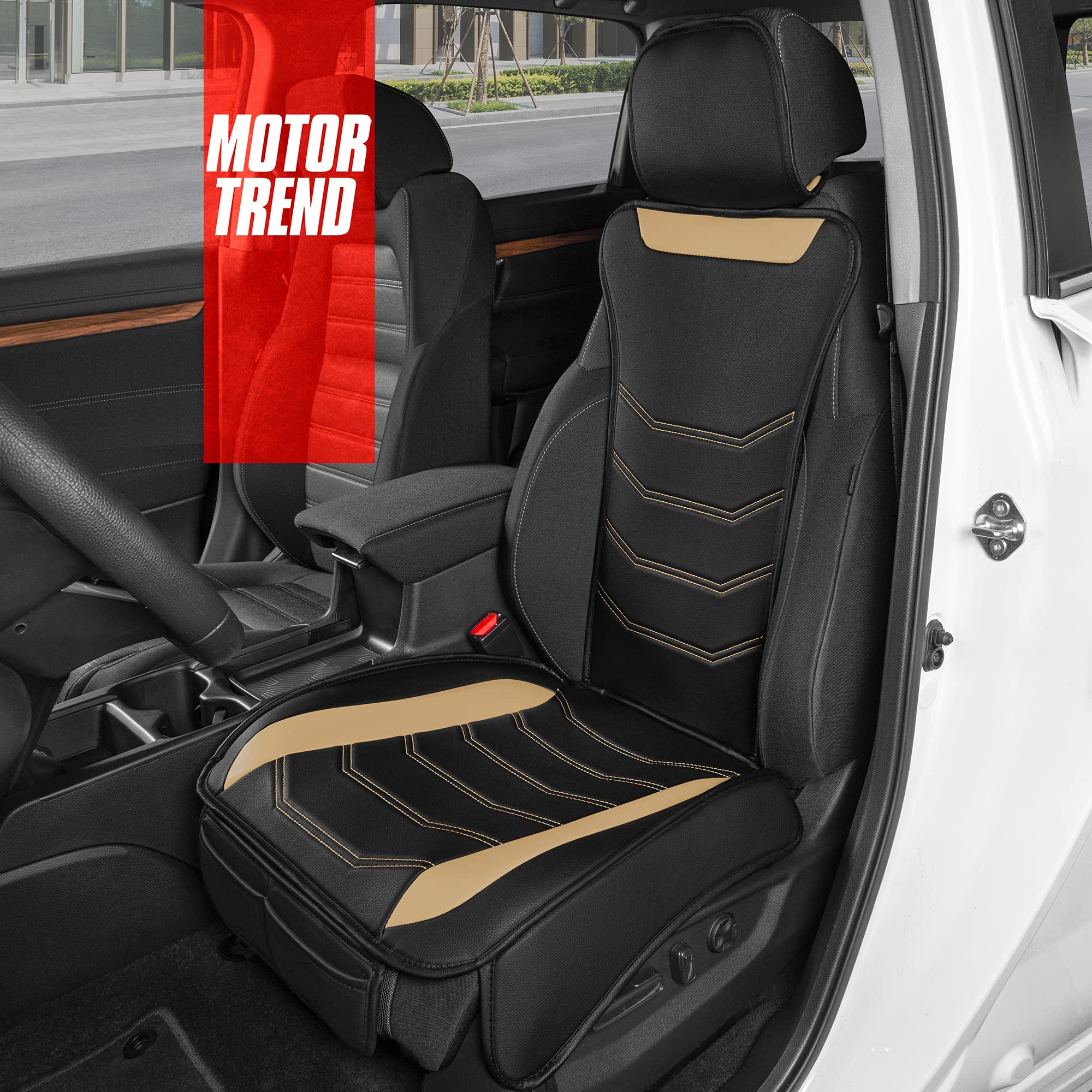 Motor Trend Luxefit Beige Seat Covers For Cars Trucks Van Suv (2 Pack), Premium Faux Leather Car Seat Covers, Easy To Install Au