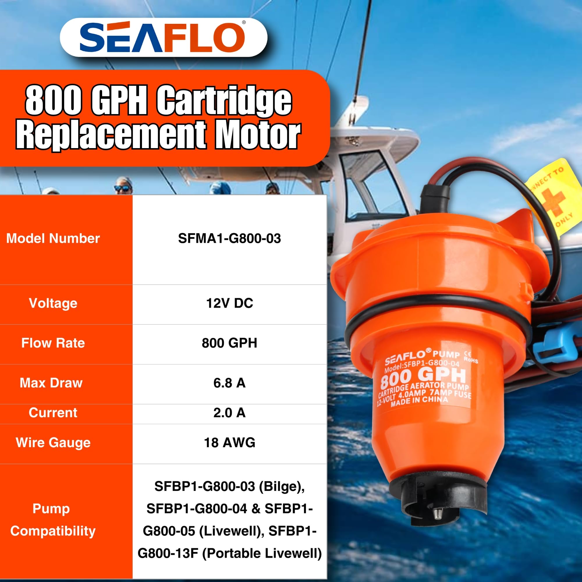 SEAFLO 12V 800 GPH Bilge Pump Replacement Motor, Quick-Click Install, Fits SFBP1-G800 Models, Orange, 4-Year Warranty