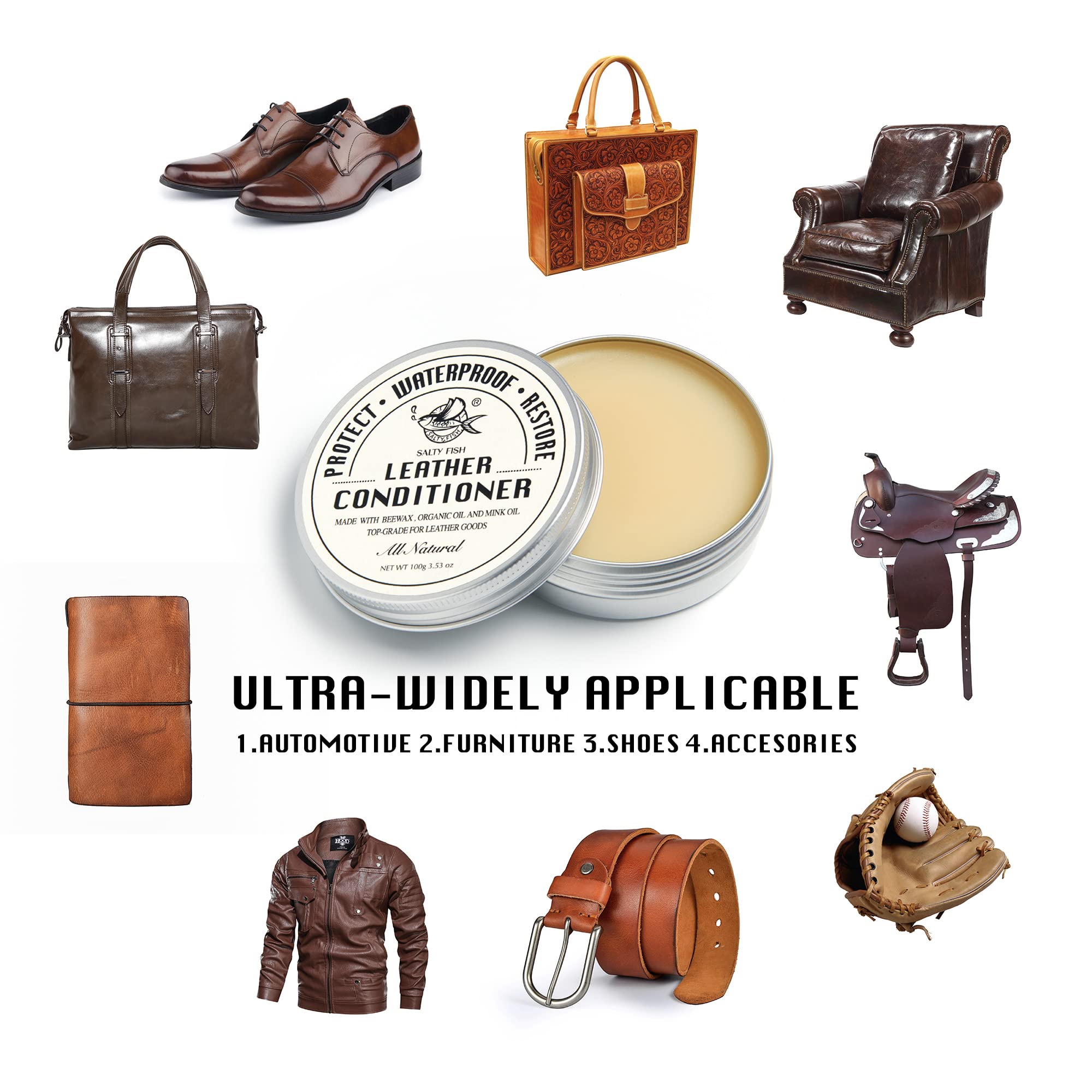 SALTY FISH All-Natural Leather Conditioner & Cleaner - Mink Oil & Beeswax, 3.53 Oz with Sponge, Waterproof, Soften Leather - Yellow