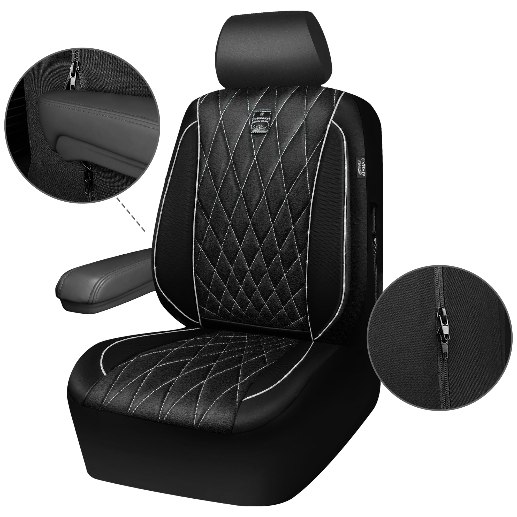 Car Pass Piping Luxury Leather Two Front Car Seat Covers,Silver Glitter Waterproof Seat Cover Compatible With Front Seat Armrest