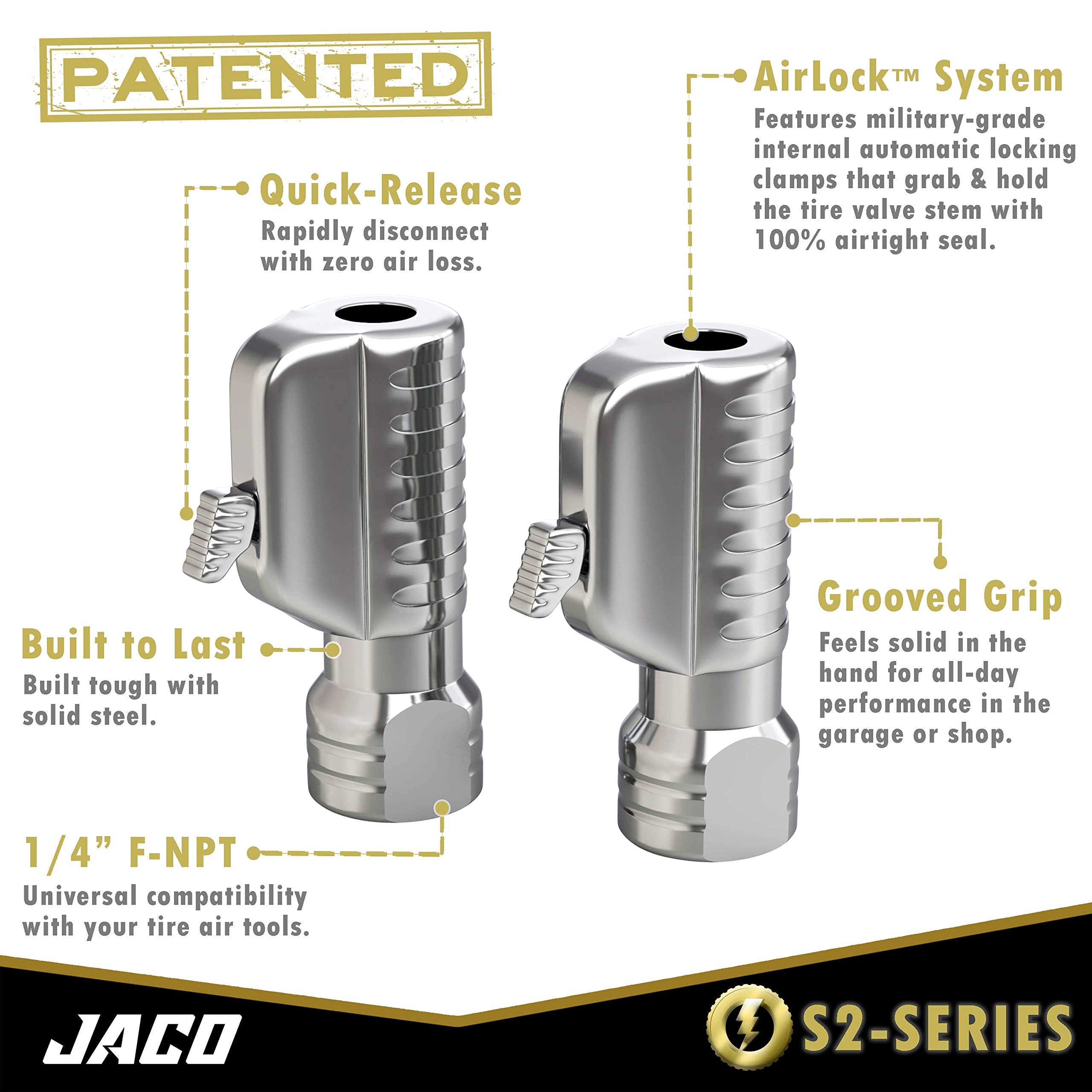 Jaco Lightning S2-Series Tire Air Chuck - 1/4'' F-Npt | Open Flow (2 Pack)