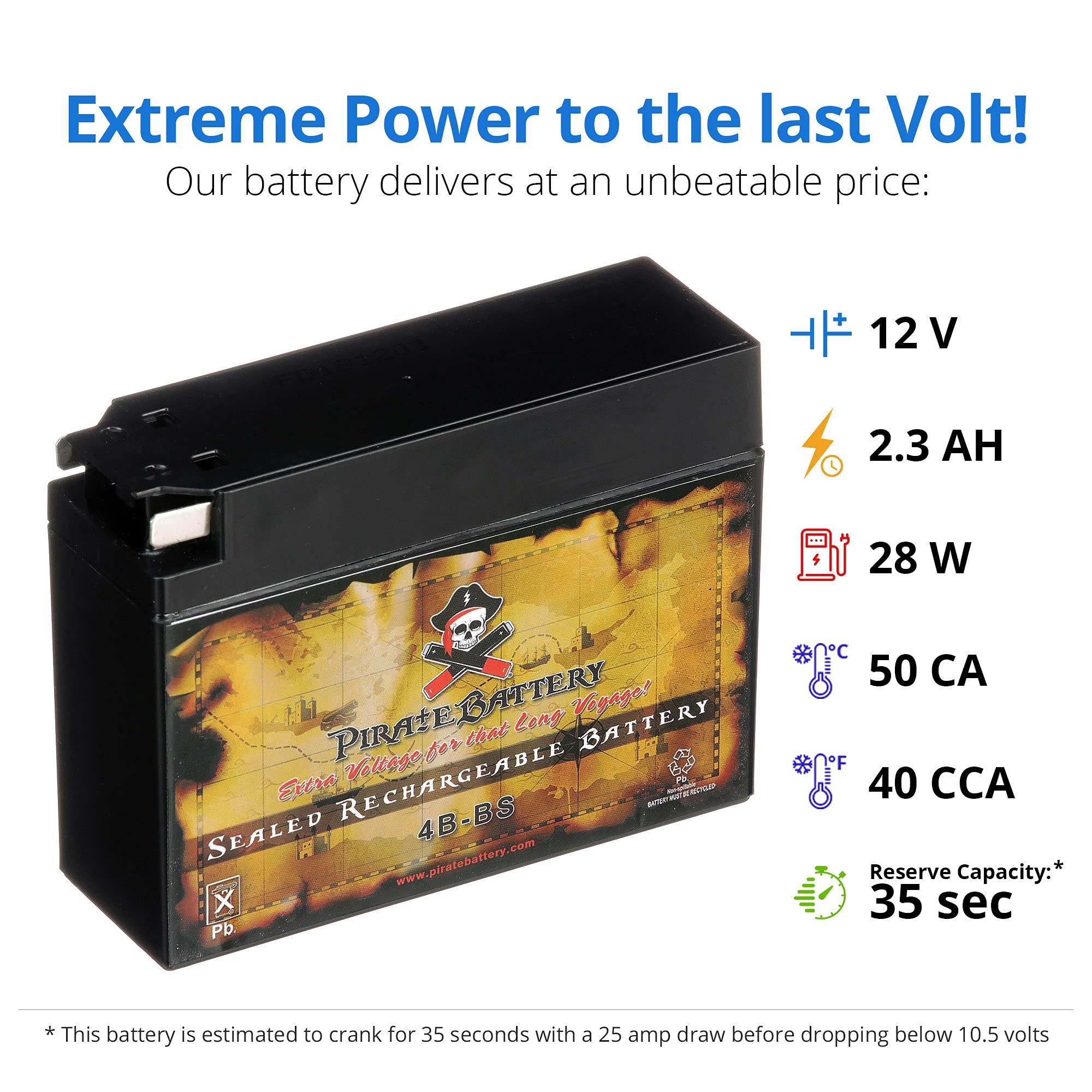 Pirate Battery 4B-BS 12V Maintenance Free Replacement Battery for Suzuki/Yamaha Motorcycles - 3 Amps, 2.3 Ah, Compact Size 3.35"x4