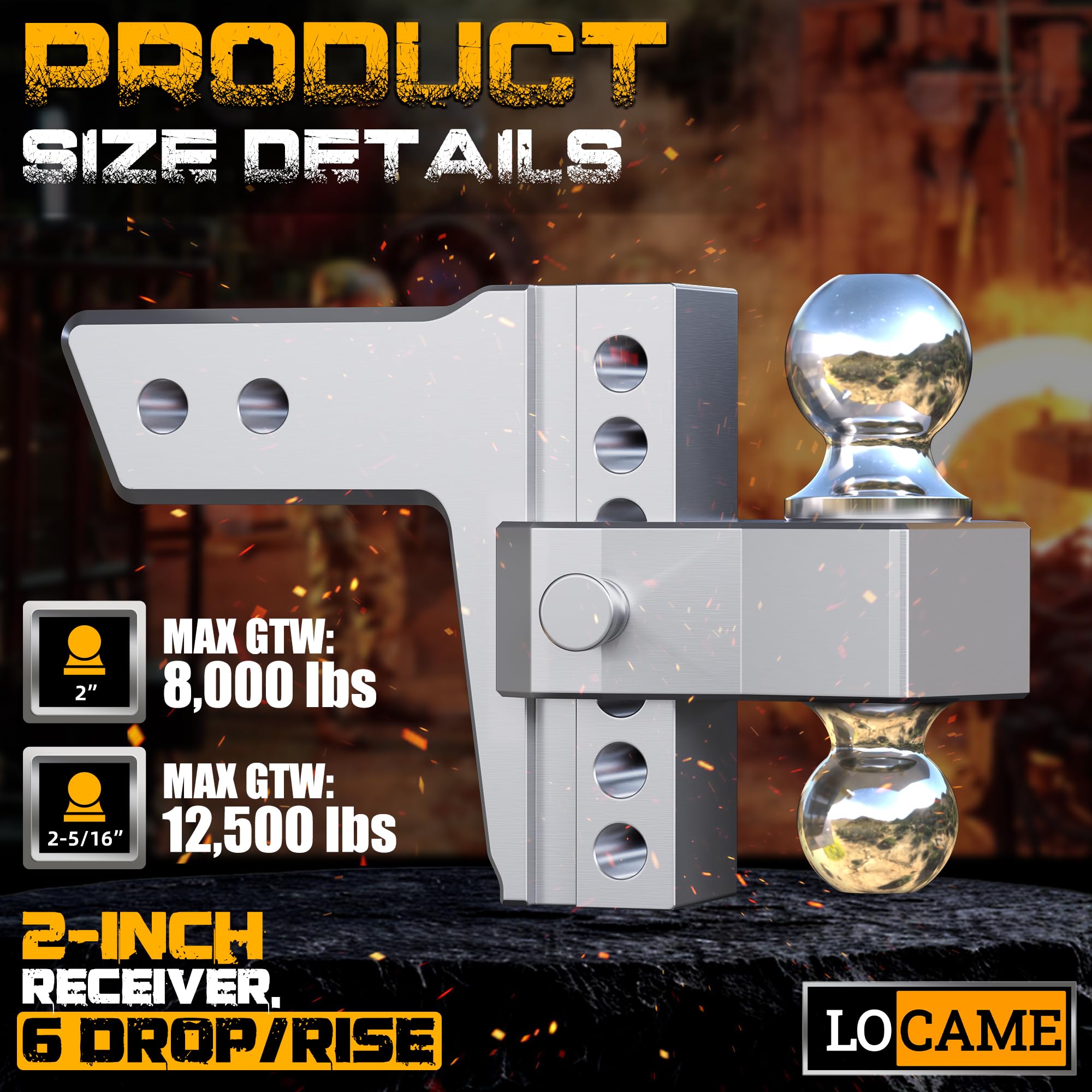 LOCAME Adjustable Trailer Hitch, 6-Inch Drop/Rise, Aluminum, 12,500 LBS GTW, Fits 2-Inch Receiver, Silver, Model LC0013
