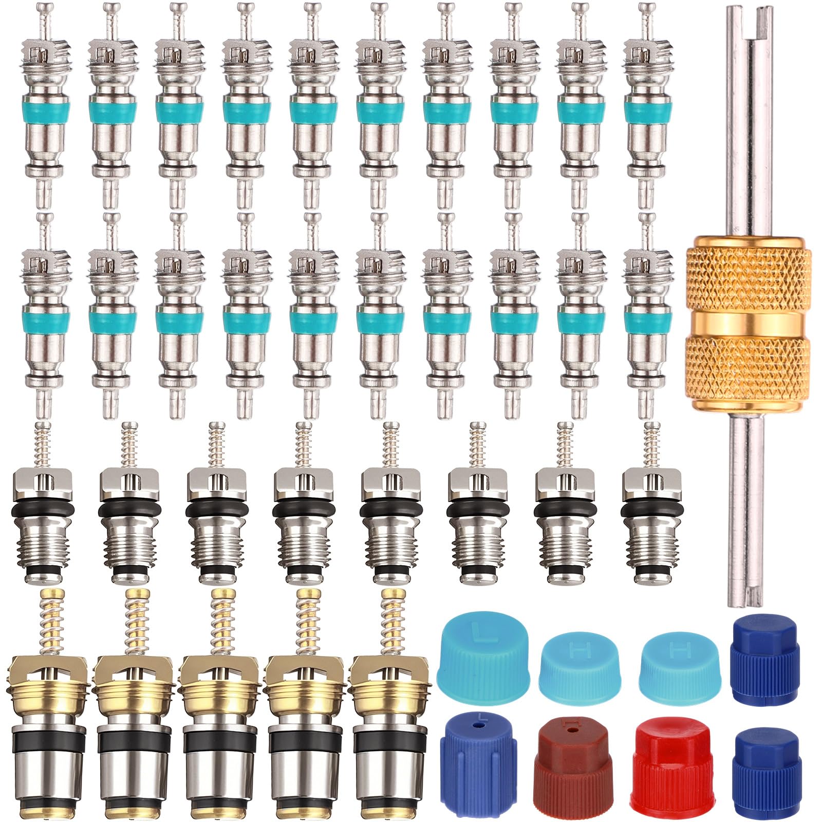 Otoolling 42pcs Air Conditioning Valve Core Kit Car A/c R12 R134a R1234yf Refrigeration Compatible with Schrader Stem Cores, Cor